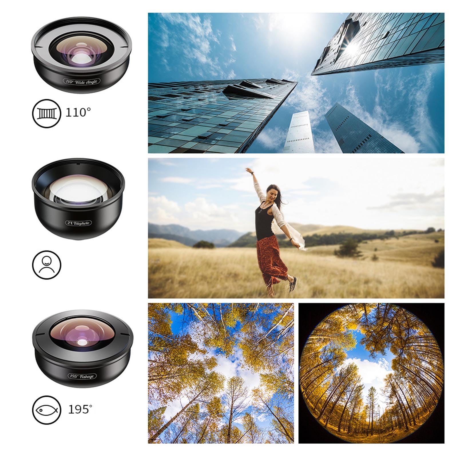 Zestaw Obiektywu Aparatu Telefonicznego, 10x Makro 2x Teleobiektyw 195 ° Fisheye 110 ° 170 ° Kąt Obiektywu, Klips w Zestawie Obiektywu Telefonu Komórkowego do Smartfonów