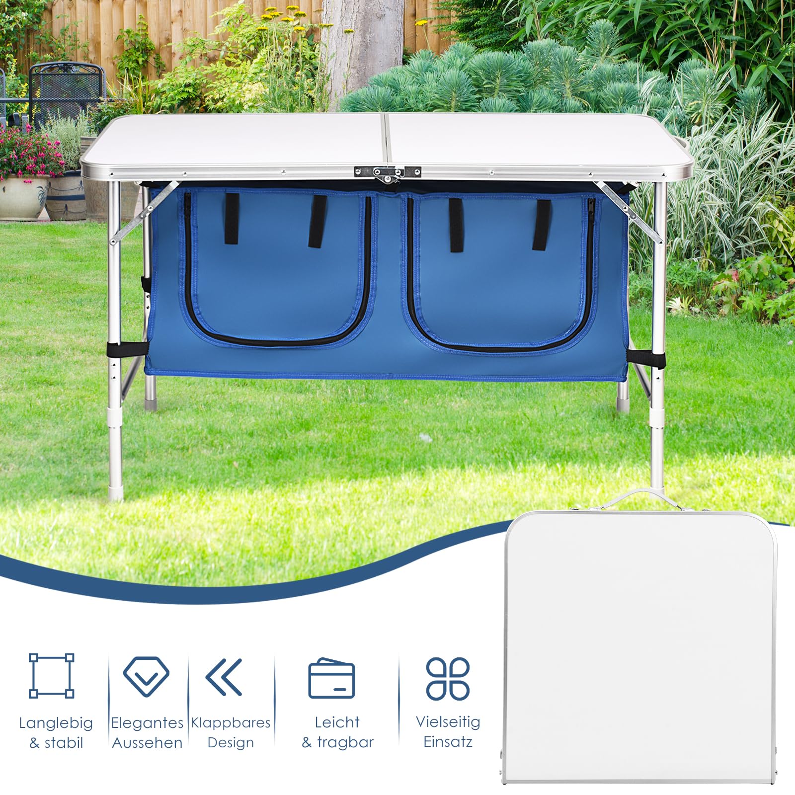 GYMAX faltbar Campingschrank, Campingküche mit großem Stauraum, 2 einstellbare Höhen, Outdoor Alu Picknicktisch Klapptisch Gartentisch für Strand, Garten, Grillparty