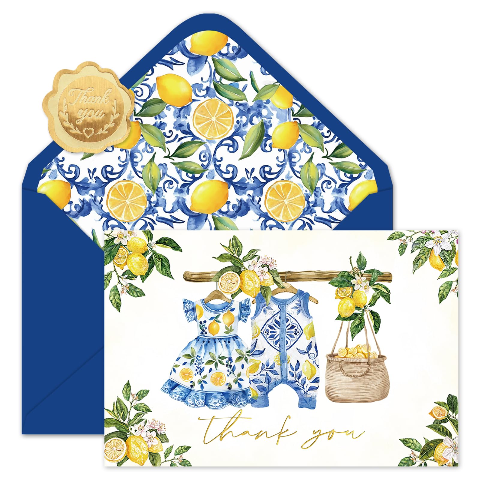 Whaline Lot de 50 cartes de remerciement pour fête prénatale en tissu citron méditerranéen feuille d'or avec enveloppes, autocollants, cartes vierges pour anniversaire, révélation du sexe, 10,2 x 15,2