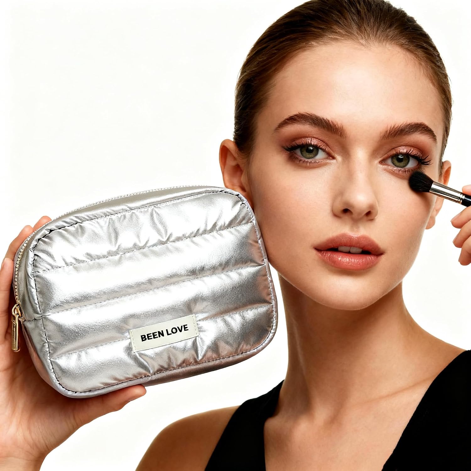 Makeup Bag for Women, Large Capacity Puffer Cosmetic Bags, Wide-open Makeup Pouch for Purse with Zipper, Portable Travel Toiletry Pouch for Girls, Silver image 2
