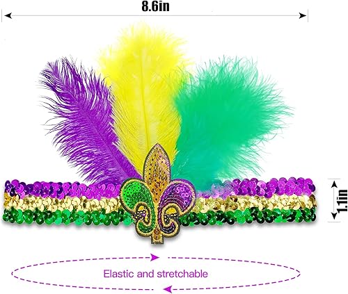 Miniatura 3 de Wittocs Paquete de 2 diademas de plumas de Mardi Gras con lentejuelas de flor de lis, morado, amarillo, verde, diadema de cóctel, ajustable,