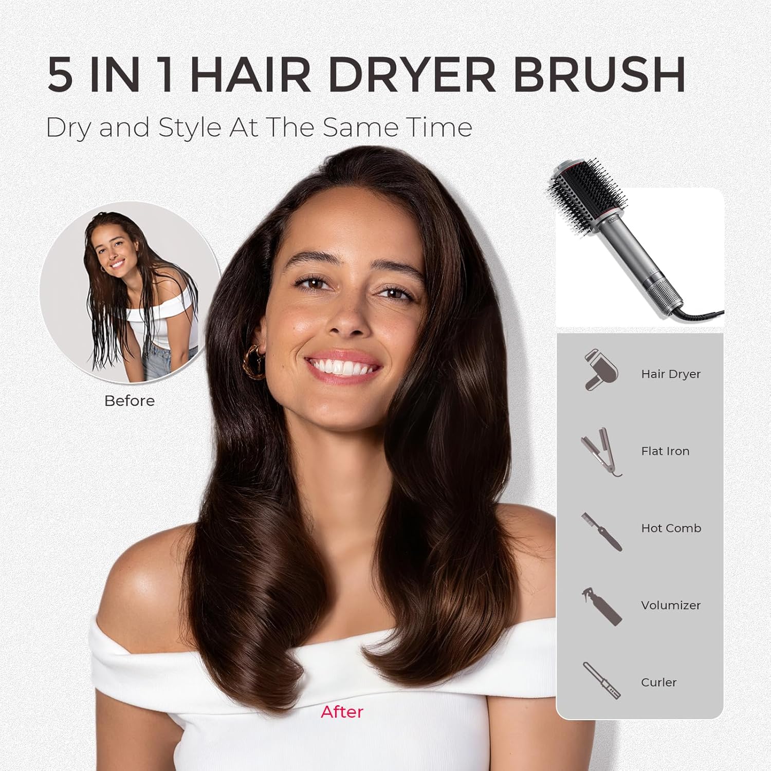 TYMO 4.0 Hair Blow Dryer Brush - Lightweight 3X Faster Drying 5-in-1 Ionic Blowout Hair Dryer Brush Adds Shine, Volume & Fullness for Smooth, Anti-Frizz Straight, Curl & Blowout Styles, Metal Grey - Image 6
