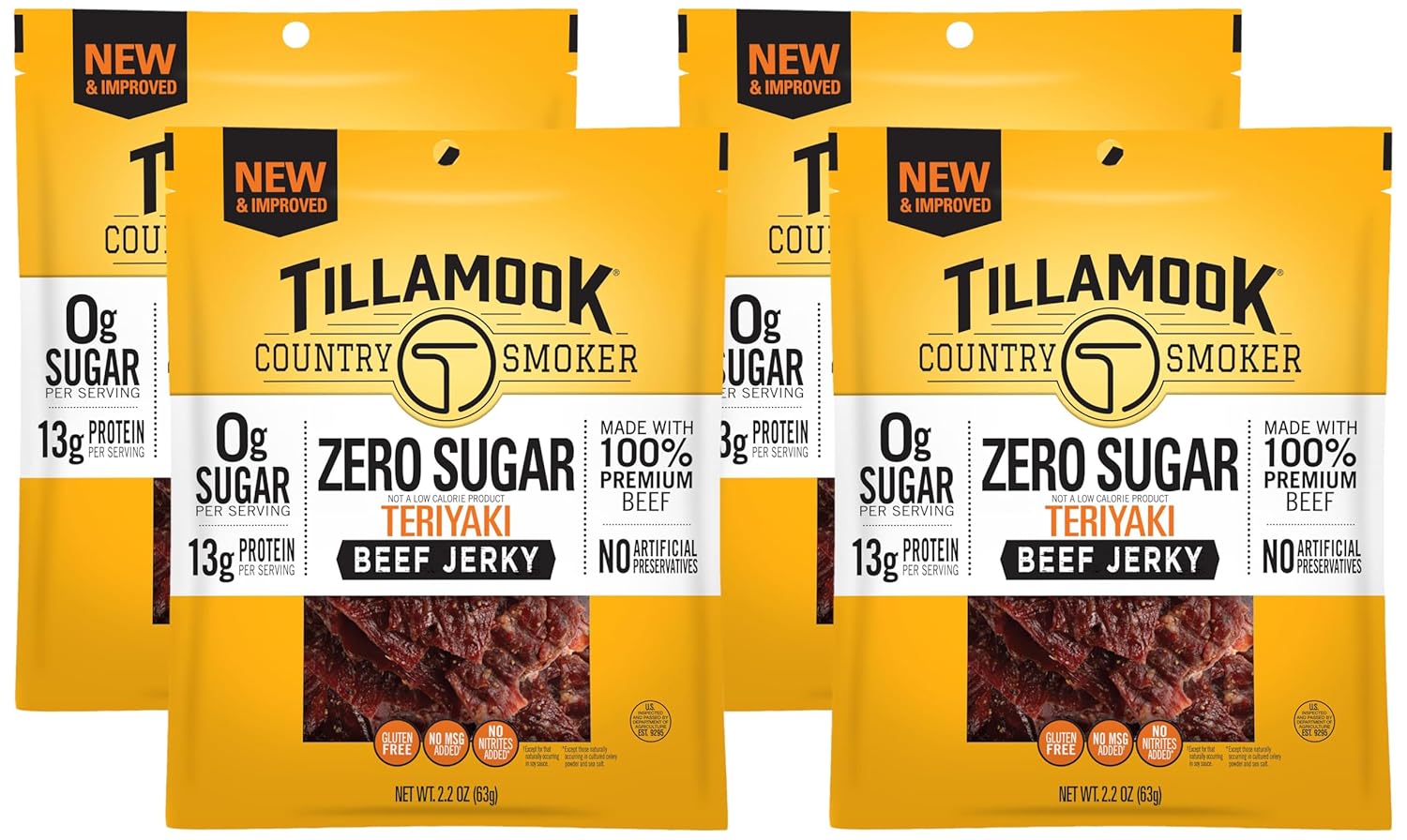 Tillamook Country Smoker Zero Sugar Keto Friendly Beef Jerky, Teriyaki, 2.2 Ounce (Pack of 4)