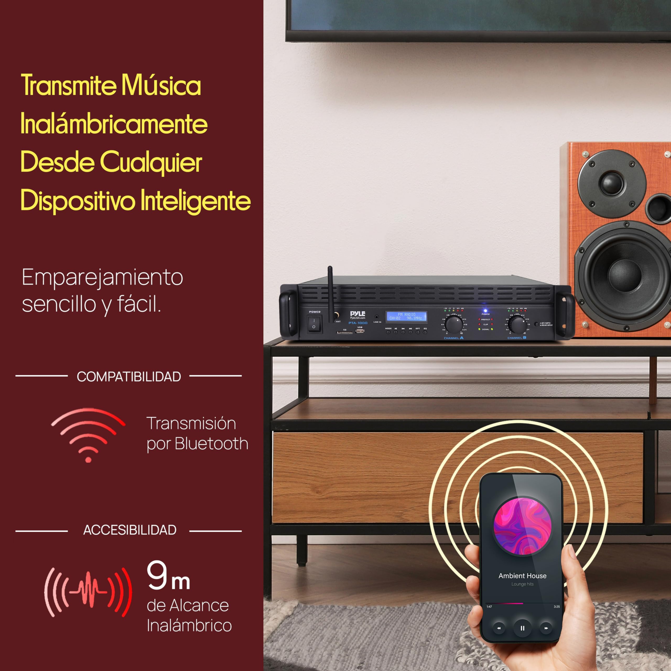 Pyle Amplificador de Potencia Bluetooth de 2 Canales, 2000 W, Montaje en Rack, Receptor estéreo inalámbrico de Audio Profesional con Entrada TRS XLR, LCD, Modo Puente, Ventilador de refrigeración