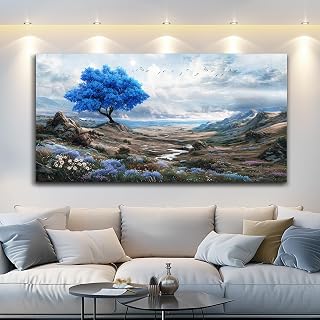 JUDASJART Large Canvas Wall Art For Living Room Farmhouse Wall Decor For Bedroom Landscape Painting Blue Tree Wall Pictures Artwork Office Decoration Ready To Hang Dormitory Ready To Hang Home Decor