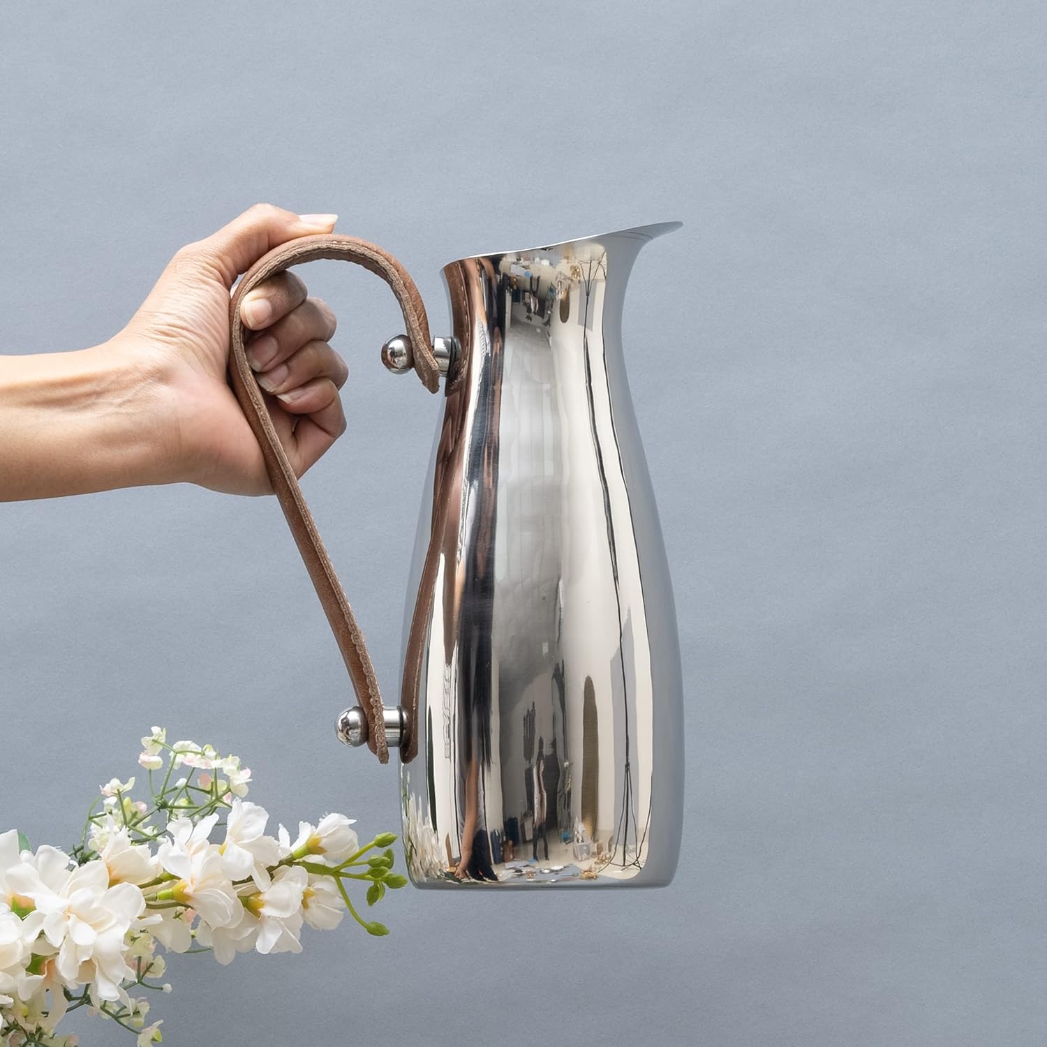 Stainless Steel Silver Water Pitcher Carafe with Leather Handle 10"H by Gute - Elegant Mirror Finish Bell Shaped Jug, For Hot/Cold Water, Iced Tea, Coffee, Sangria, Lemonade, and Flowers 42oz Capacity - Image 8