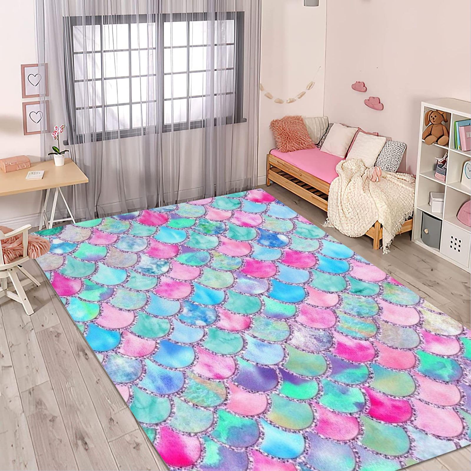 Tapis antidérapant écailles de sirène 90 x 150 cm lavable pour intérieur enfant