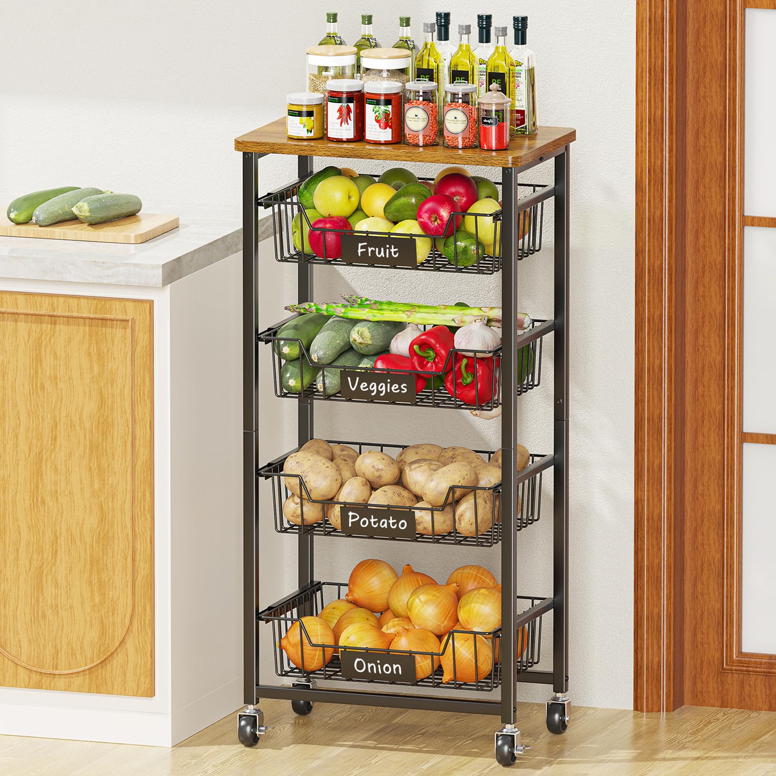 XYZLVSI Kitchen Storage Cart with Wheels, 5-Tier Metal Utility Rolling Cart Fruit Vegetable Storage Basket Pantry Rack with Wood Top & Pull Out