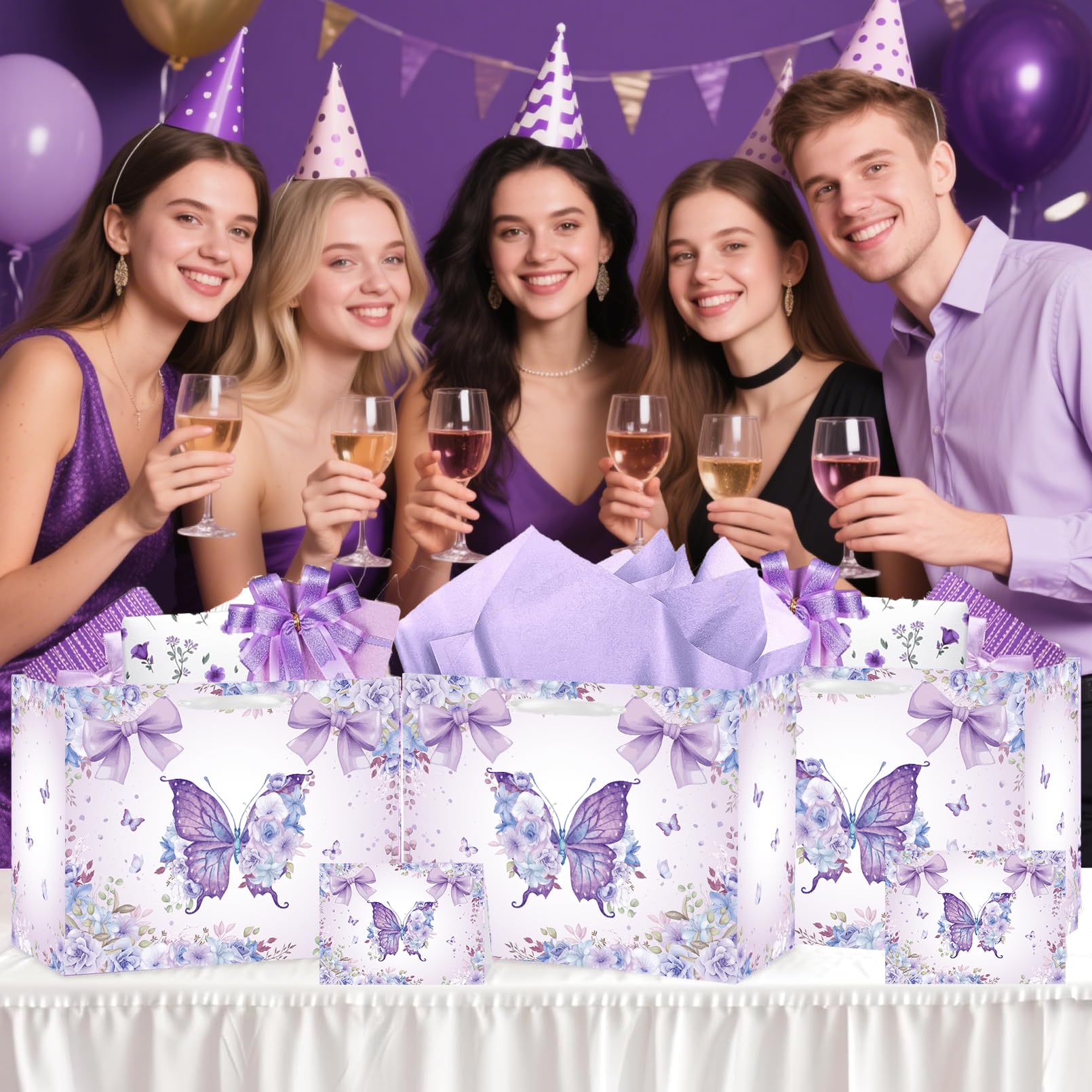 SolarGlory Large Butterfly Birthday Gift Bag with Card & Tissue Paper – Purple Happy Birthday Party Favors for Women, Girls, Baby Shower, Bachelorette Theme Party Decorations