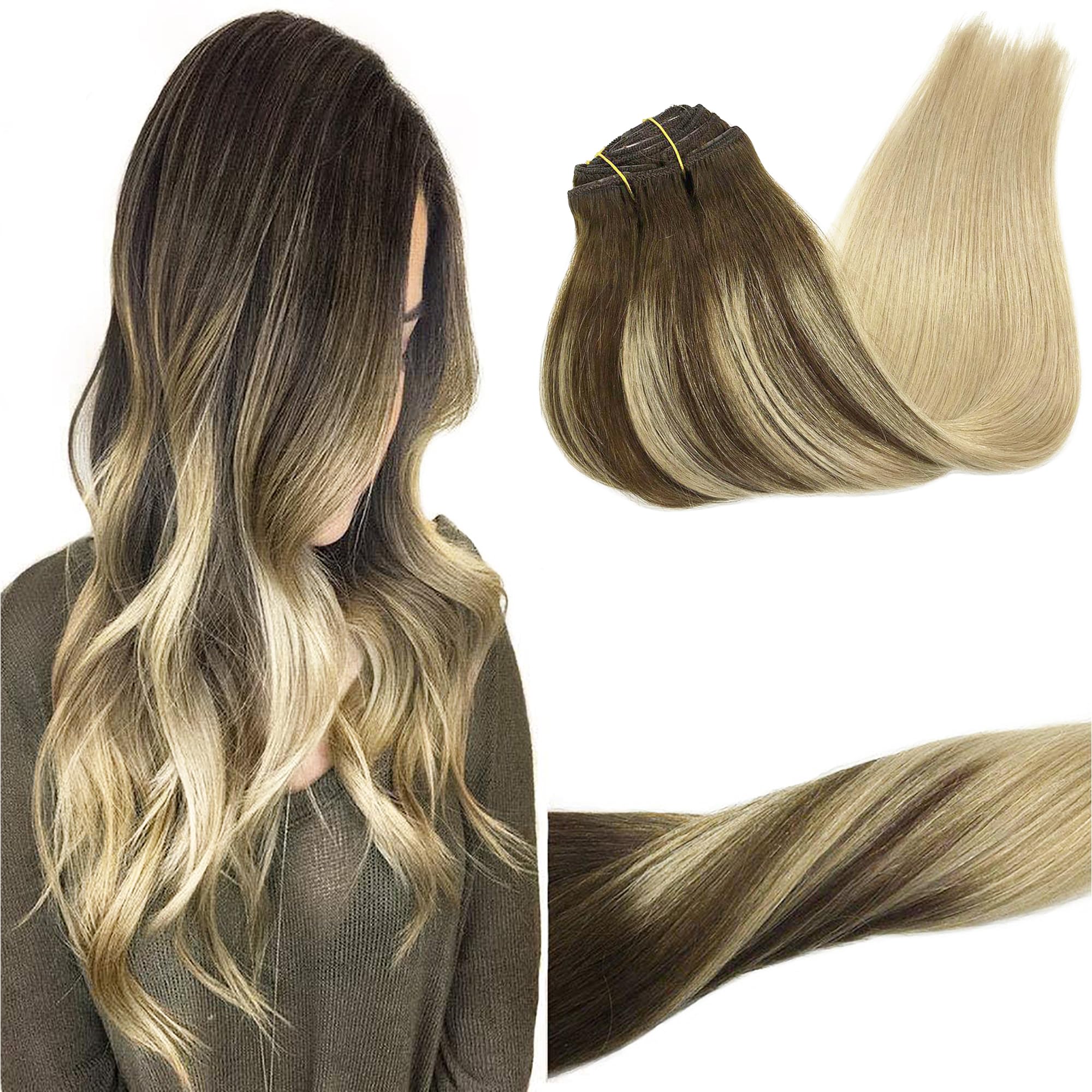 GOO GOO Clip in Hair Extensions Real Human Hair, Remy Human Hair Extensions Clip ins for Women, Natural Human Hair, 22inch 120g 7Pcs, 4/18 Balayage