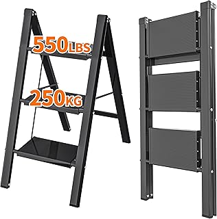 JOISCOPE 3-Step Aluminum Ladder, Lightweight Folding Adult Step Stool, Wide Non-Slip Pedals, 550 lb Capacity Portable Stur...