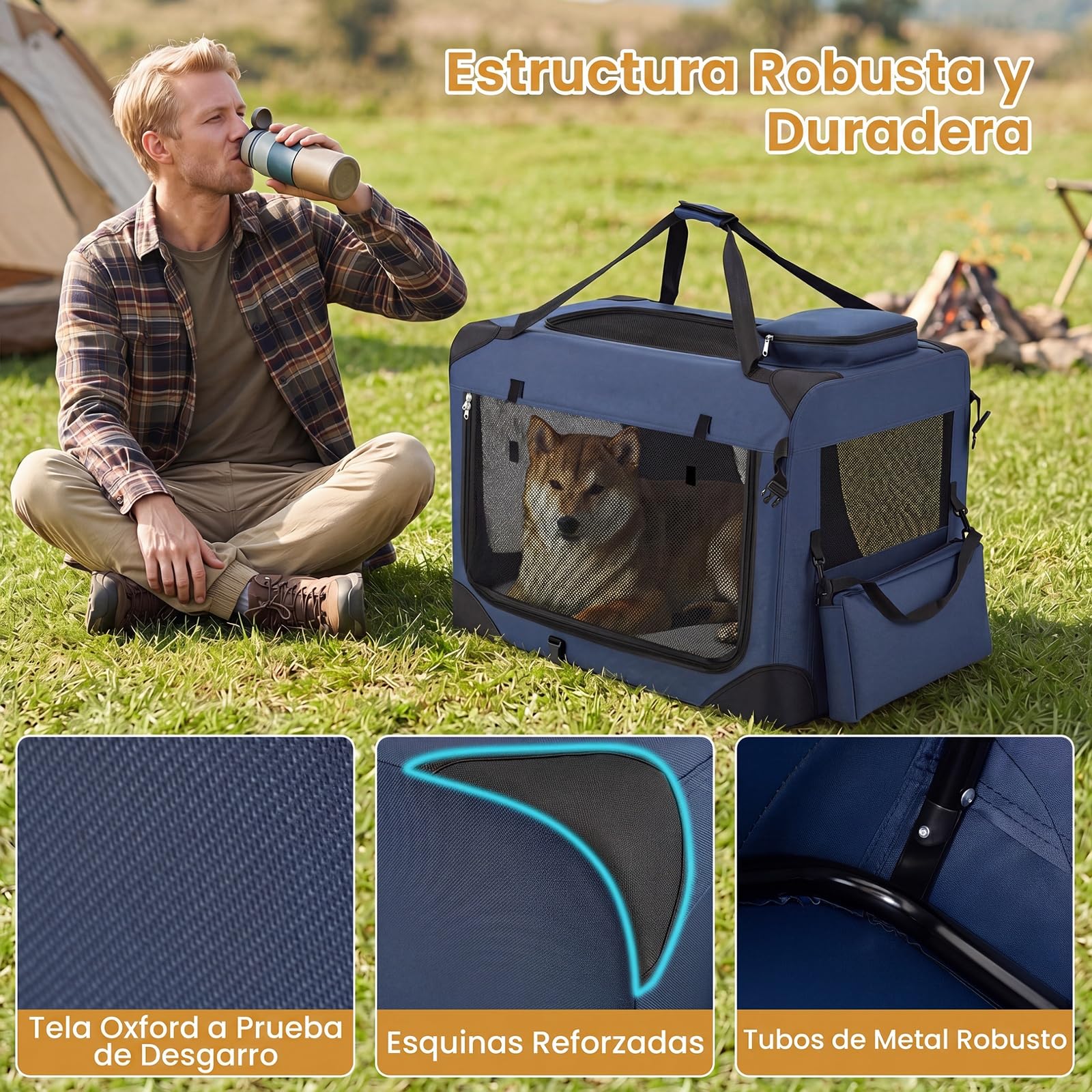 COSTWAY Transportín para Perros Plegable, Bolsa Transporte para Gatos con Ventanas de Malla, 3 Puertas y Bolsillos Extraíbles, Portador de Viaje para Mascotas Interior y Exterior (Azul,Large)