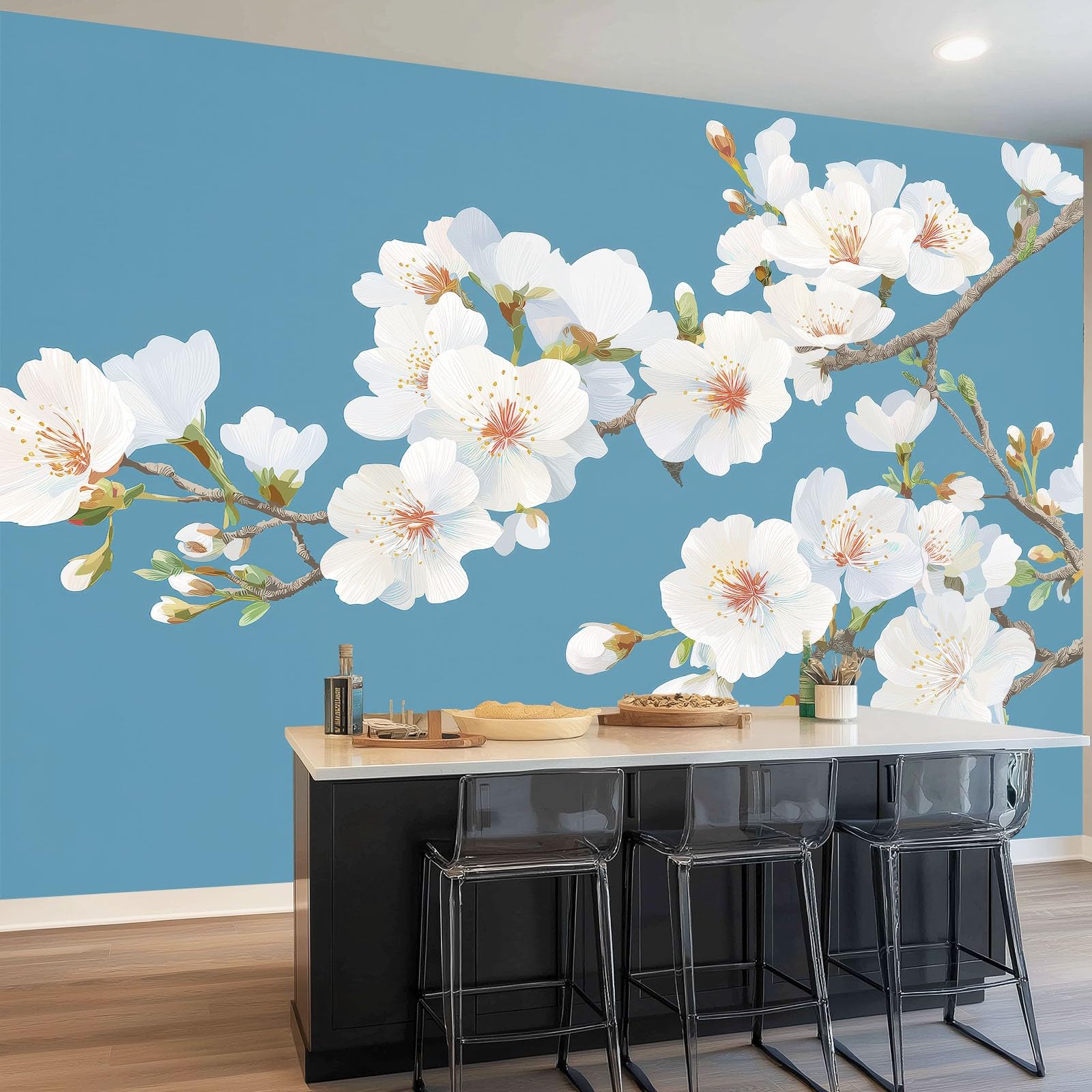 Fabryka Panoramiczna tapeta 350 x 256 cm Tapeta z włókniny, niebieskie gałęzie kwiatów płatki zdjęć wzór plakat dekoracja ścienna sypialnia salon