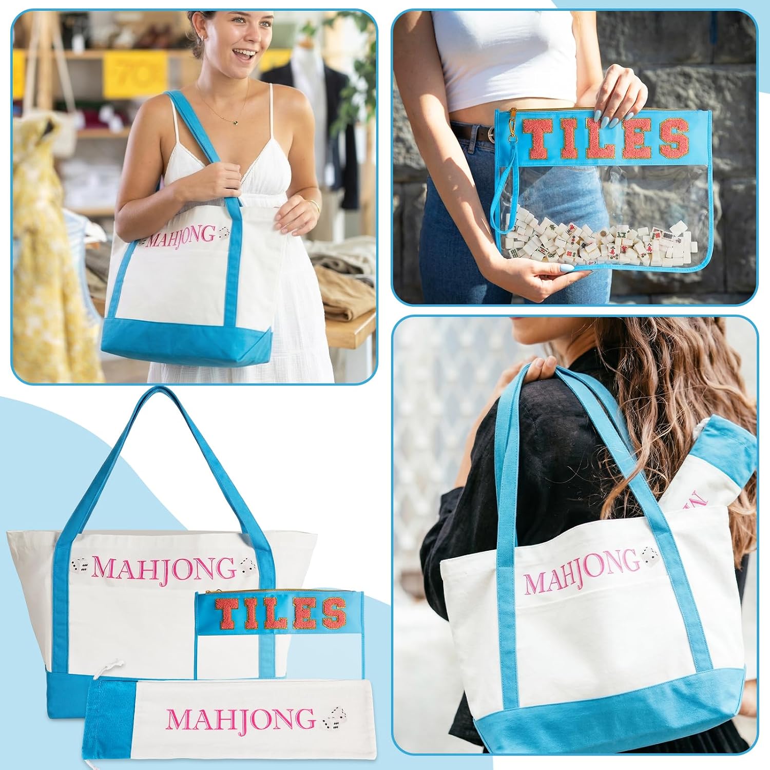 3 Pcs Empty Mahjong Bag Sets for Tiles and Racks Mahjong Tote Bag with Embroidered for American Mahjong Storage Game Night Mahj Accessories(Blue) image 5