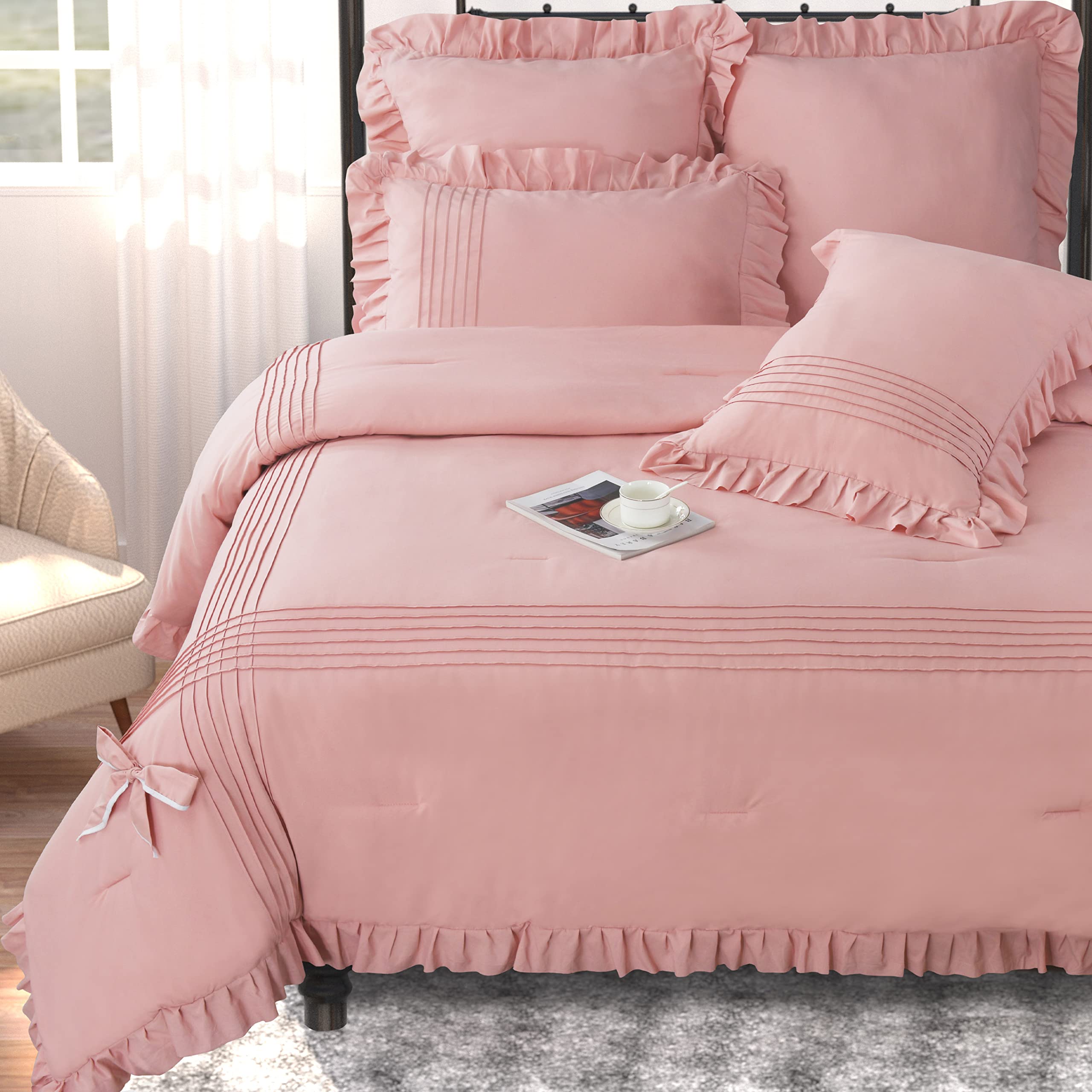 HIG5 Pieces Shabby Chic Comforter Set with Handmade Ruffles, Powder Pink Princess Vintage Bed Set with Adorable Bow Tie, Modern Farmhouse Down Alternative Bedding Set, Microfiber, King (VIVI)