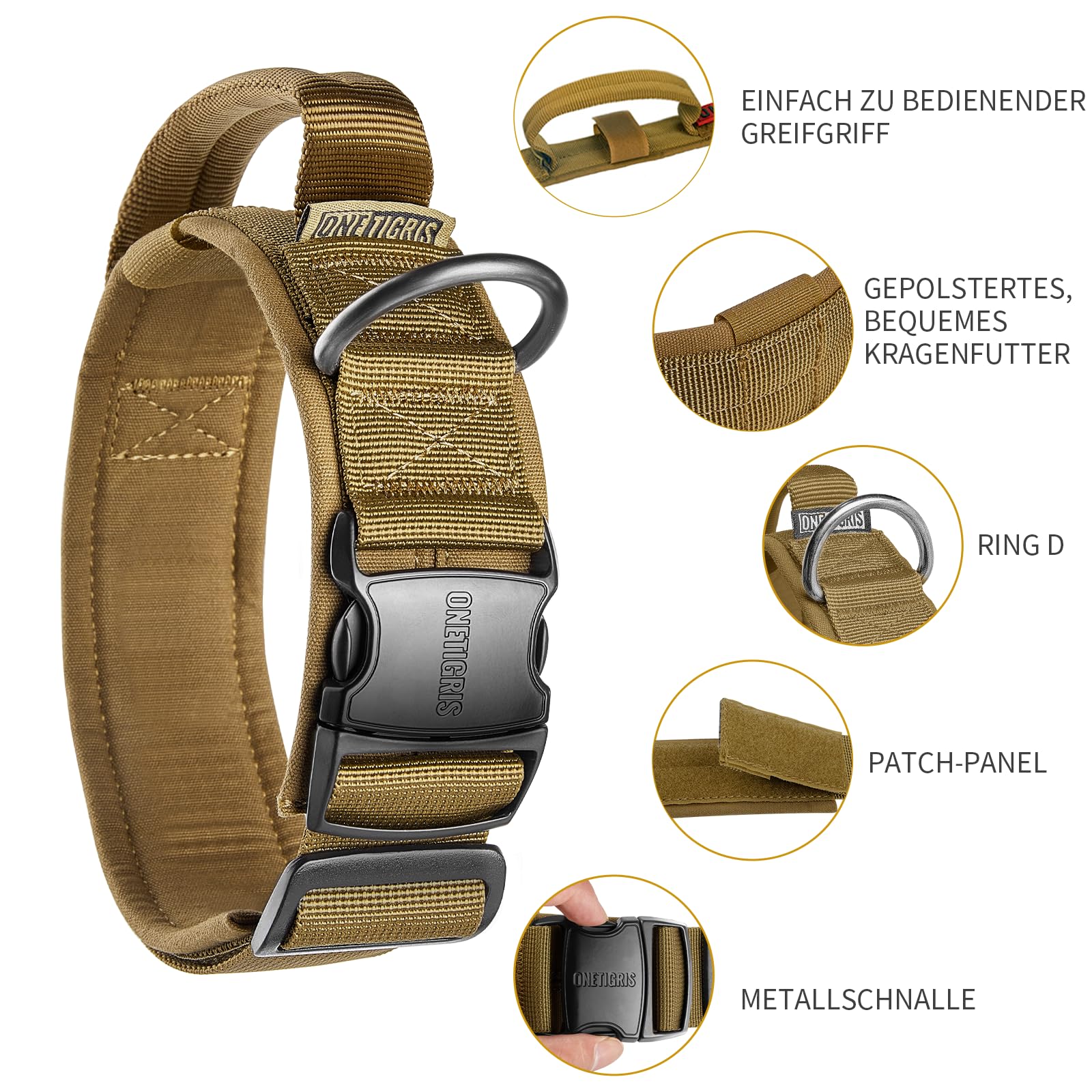 OneTigris K9 Collare con Fibbia in Metallo per Cani, Marrone, M