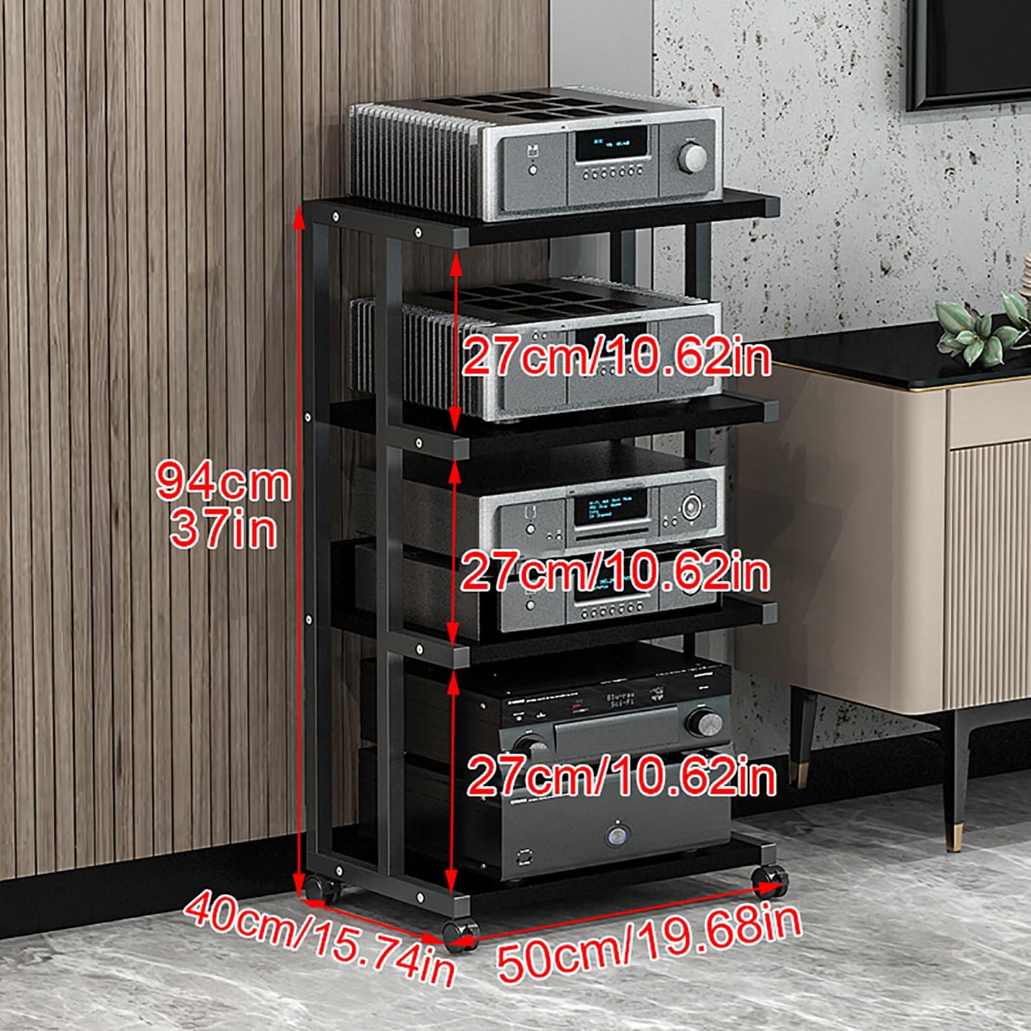 Estante de Almacenamiento de Componentes Estéreo,Tocadiscos de Vinilo Stand,Gabinete de Audio HiFi de 1/2/3/4 Capas,Estantes for Amplificadores de Parlantes,para Estudios de Grabación.(Nero,50x40x94cm