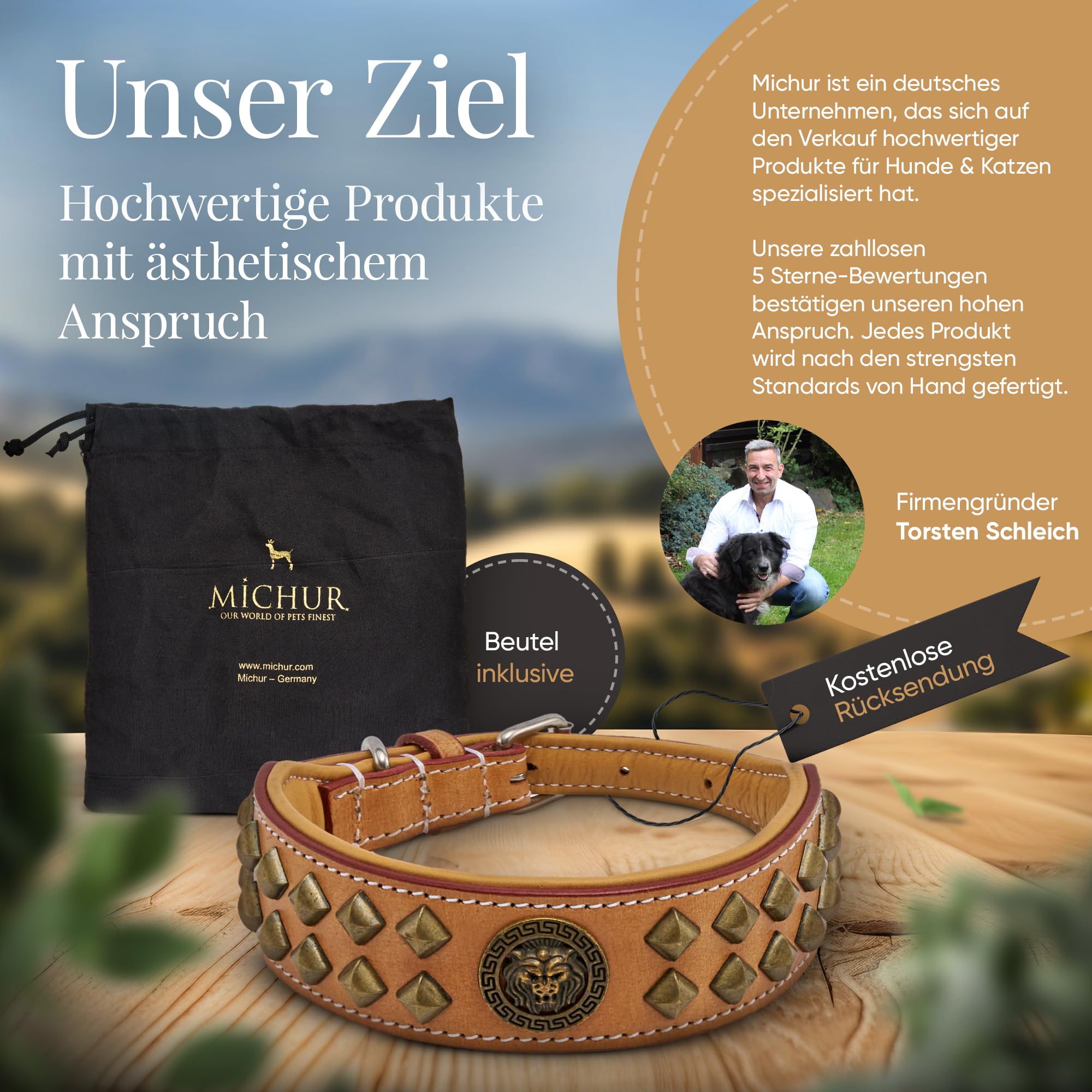 MICHUR Diego Hundehalsband Leder Beige | Lederhalsband, Löwenkopf Applikation, Flachnieten in Alt-Messing Optik, Braun Beige Gold, Verschiedene Größen erhältlich