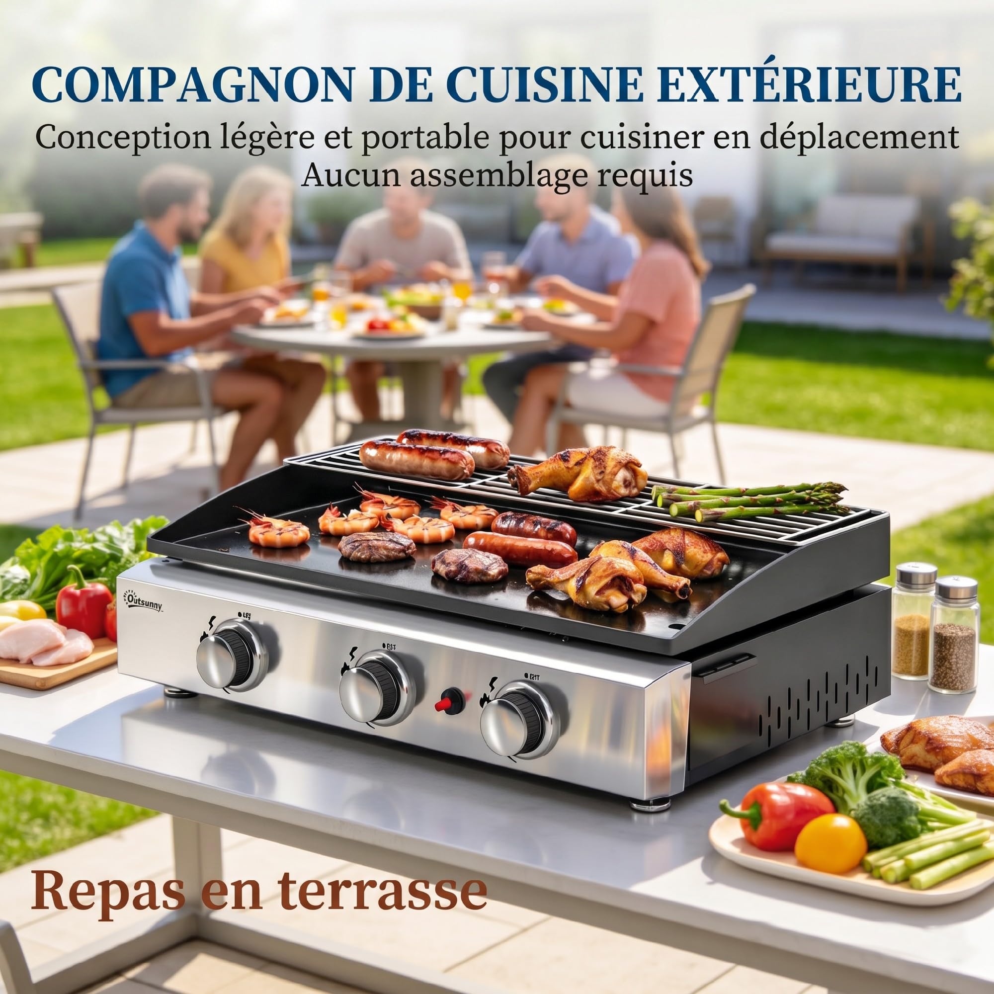 Outsunny Plancha Gaz Extérieur 3 Brûleurs en Acier Inoxydable 7,5 kW, Noir | Plaque Émaillée Anti-Chaleur Facile à Nettoyer, Barbecue de Table, Grille de Maintien au Chaud