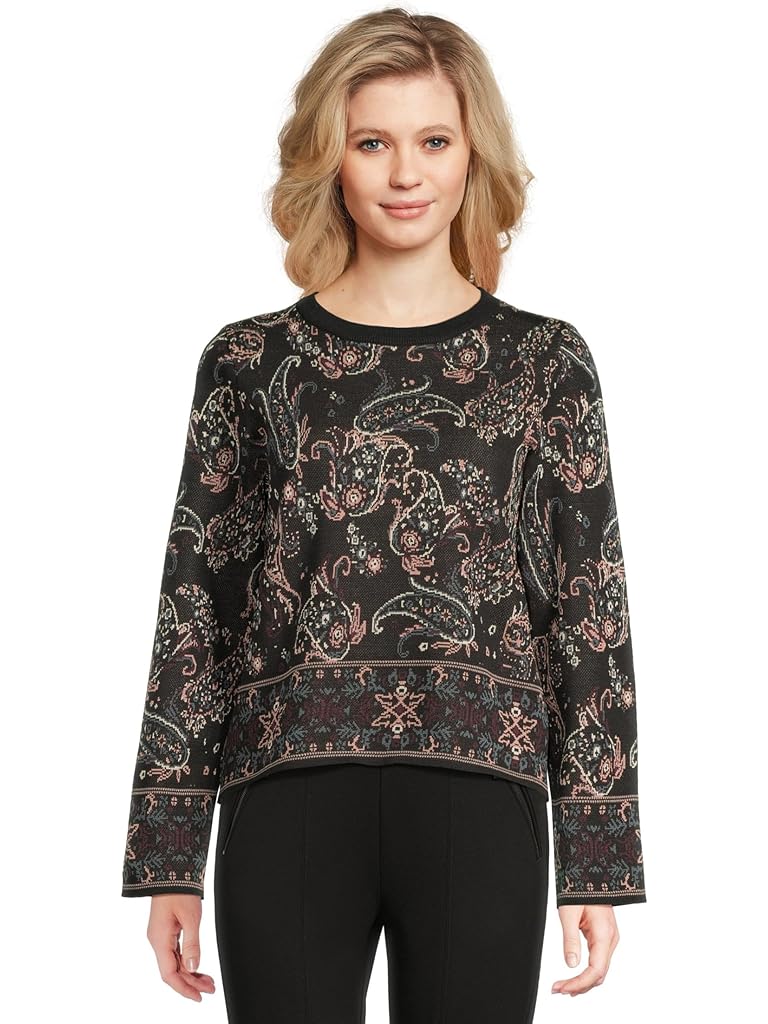 Black Vince Camuto Festival Paisley Crew Neck Sweater