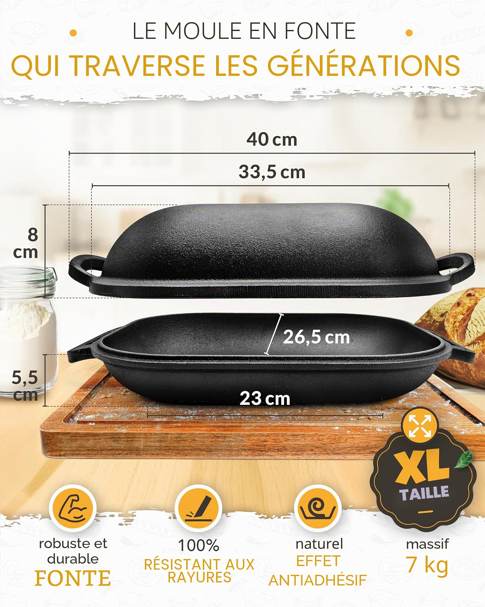 KRUSTENZAUBER Moule à pain en fonte de 40 cm avec couvercle et panier de fermentation – Robuste en fonte – Idéal pour le pain fait maison, casserole en fonte, pot en fonte, pot en fonte
