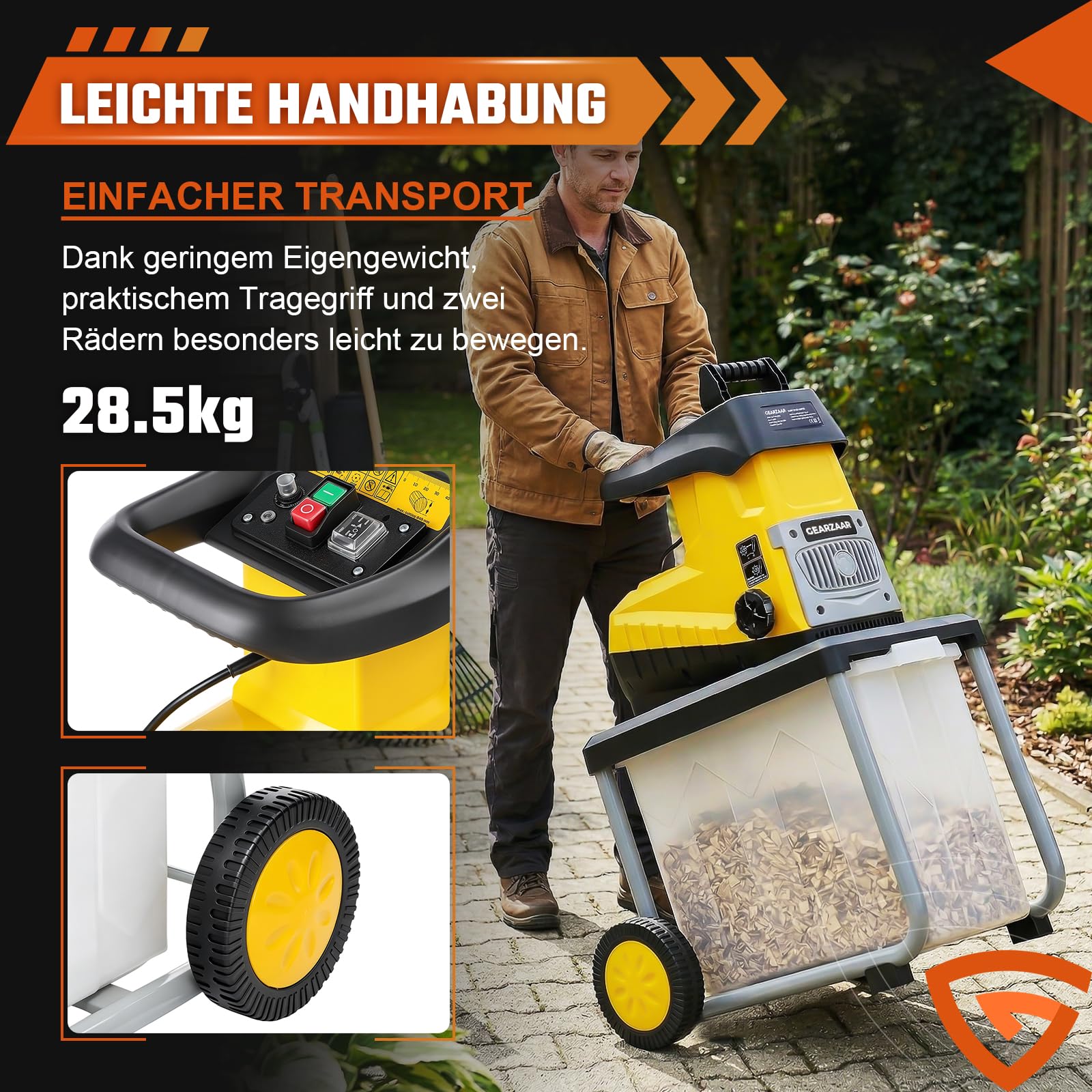 Elektro Gartenhäcksler Walzenhäcksler 3200W, max. 45 mm Aststärke, 60 L Fangbox, Leisehäcksler inkl. Gartenschere & Schutzbrille