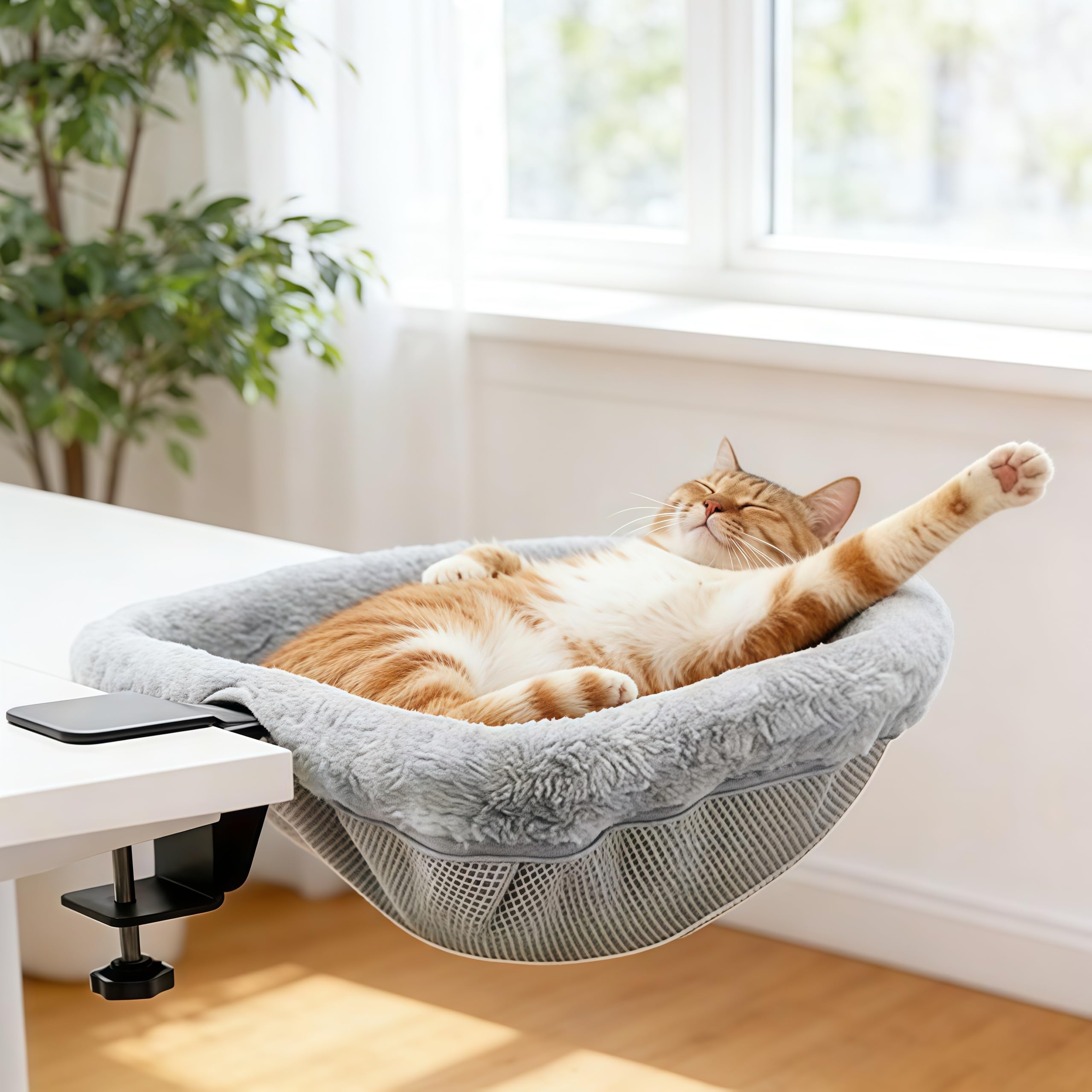 Hamaca para Gatos de Escritorio Plegable, Cama de Escritorio para Gatos con Abrazadera Estable, Fácil de Limpiar, Capacidad de Carga hasta 18 kg