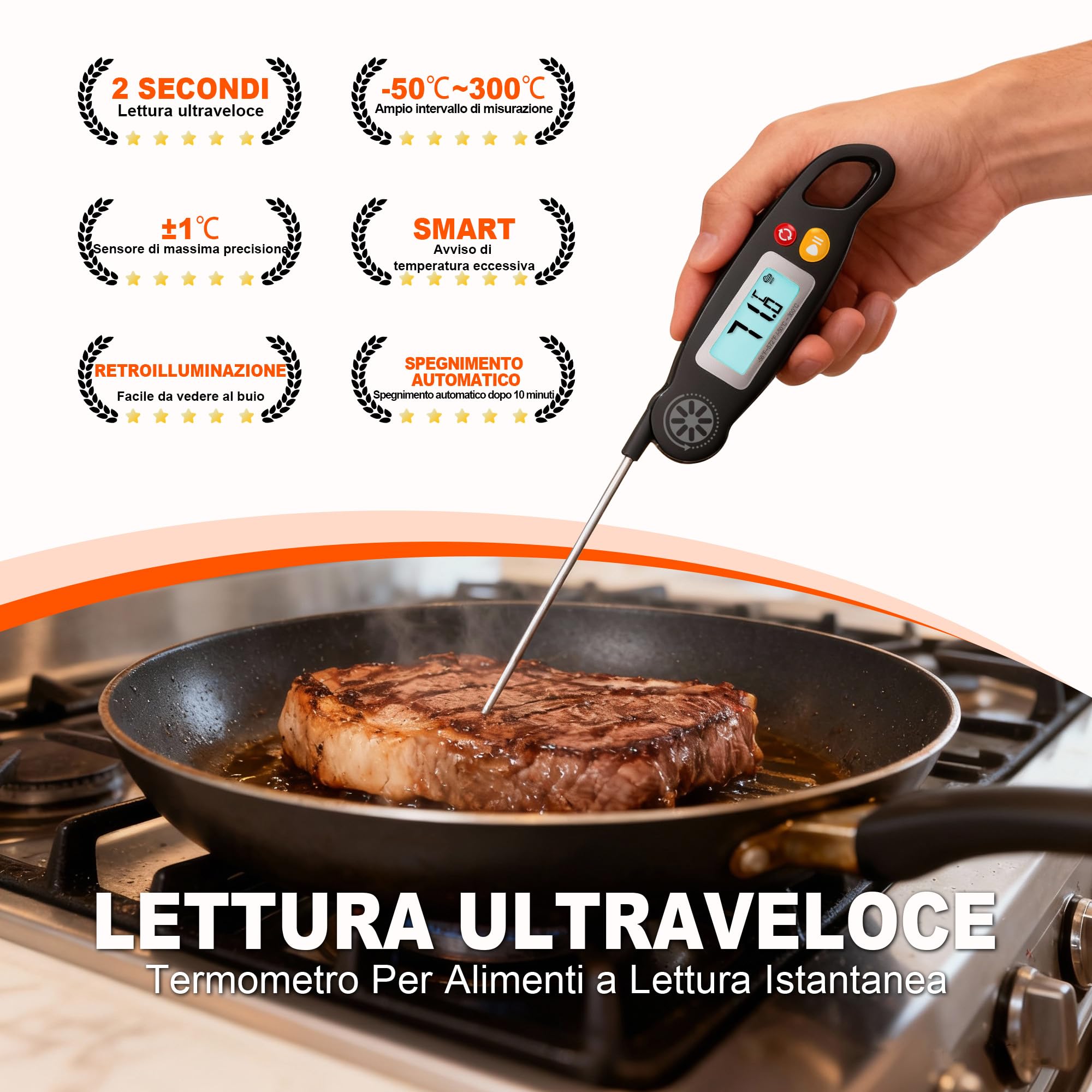 Antonki Termometro da Cucina Digitale con Sonda Pieghevole e Display LCD Retroilluminato, Lettura Istantanea in 3 Secondi per BBQ, Carne, Olio, Latte, Vino, Dolci e Liquidi