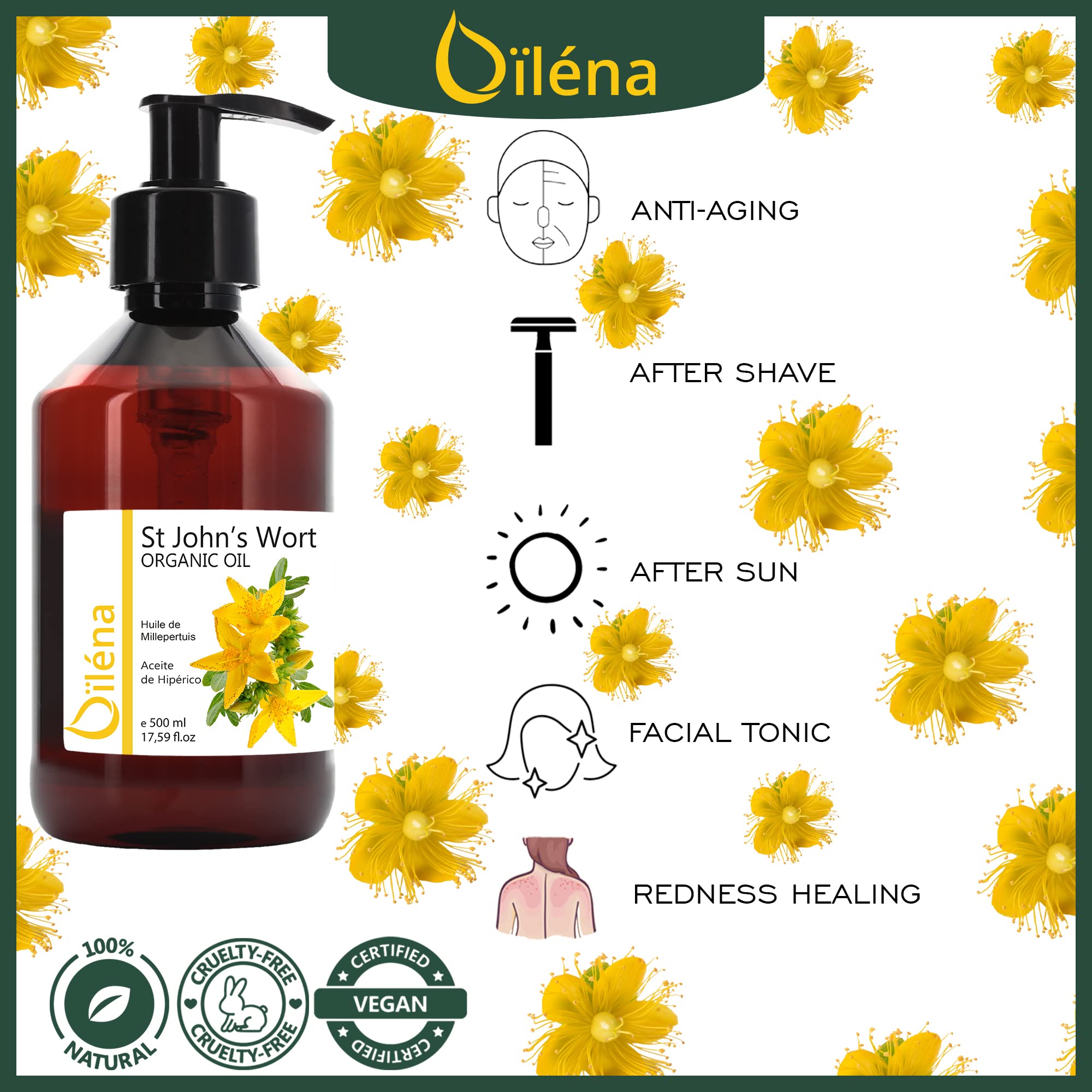 onzentriertes Johanniskrautöl: Gesichts- und Körperbehandlung, Entspannendes und Beruhigendes Massageöl, Natürliches Feuchtigkeits- und Hautpflegemittel - 500 ml