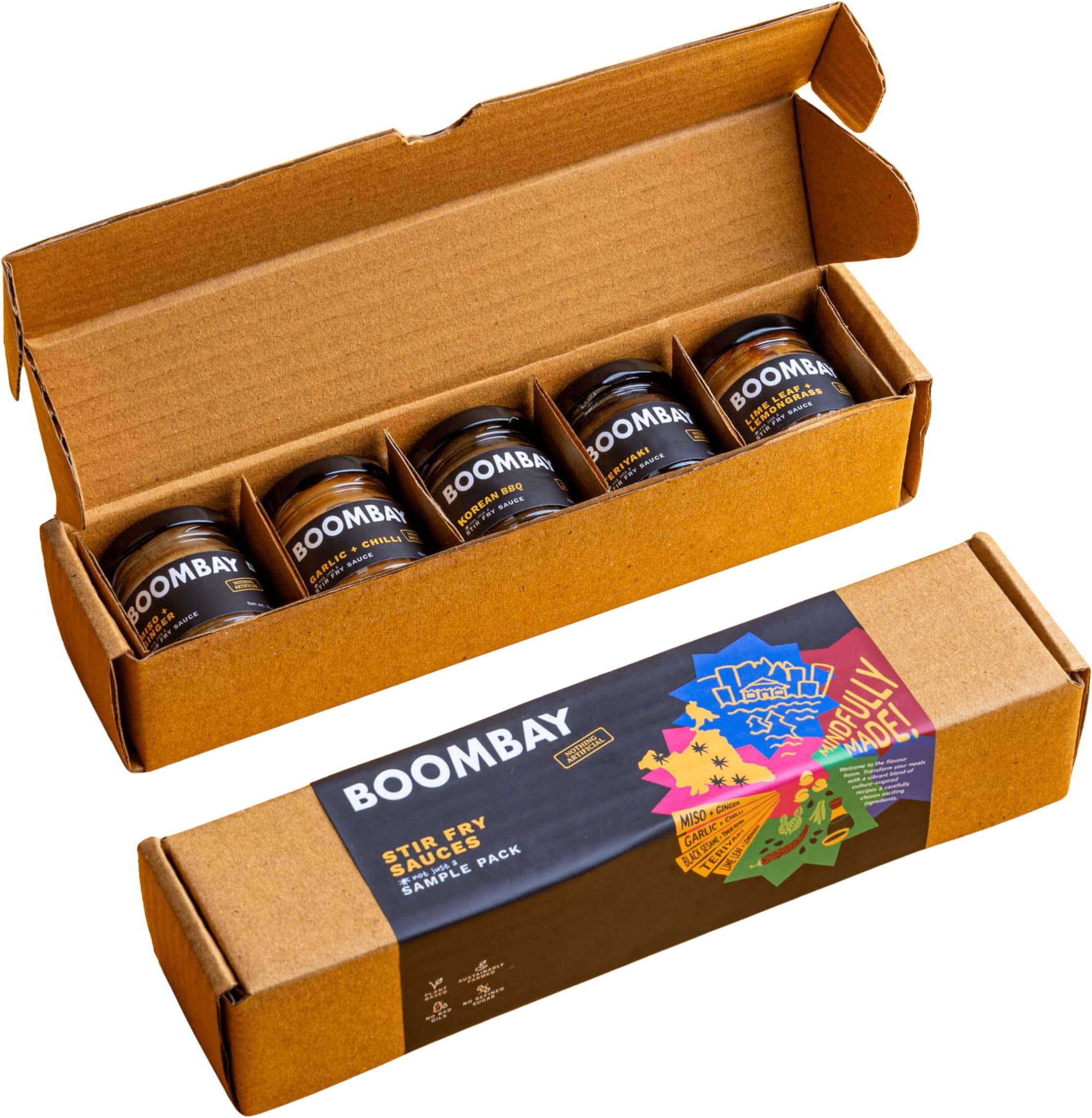 - 5-in-1 BOOMBAY Stir Fry Sauces Sample Pack 175g| Nothing Artificial | No Refined Sugars | No Bad Oil | Garlic + Chilli | Teriyaki | Miso +Ginger | Lime Leaf + Lemongrass | Korean BBQ