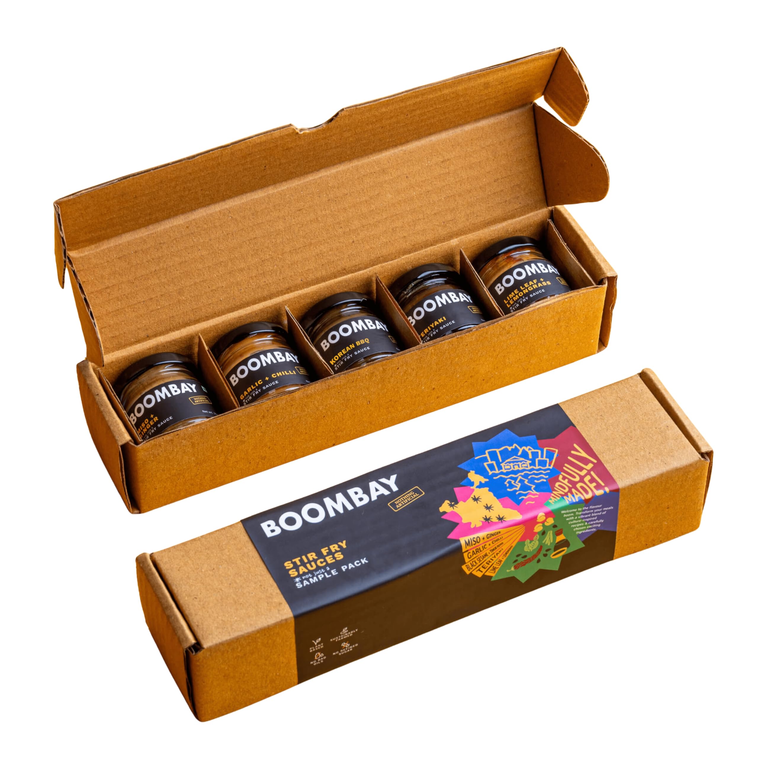 5-in-1 BOOMBAY Stir Fry Sauces Sample Pack 175g| Nothing Artificial | No Refined Sugars | No Bad Oil | Garlic + Chilli | Teriyaki | Miso +Ginger | Lime Leaf + Lemongrass | Korean BBQ