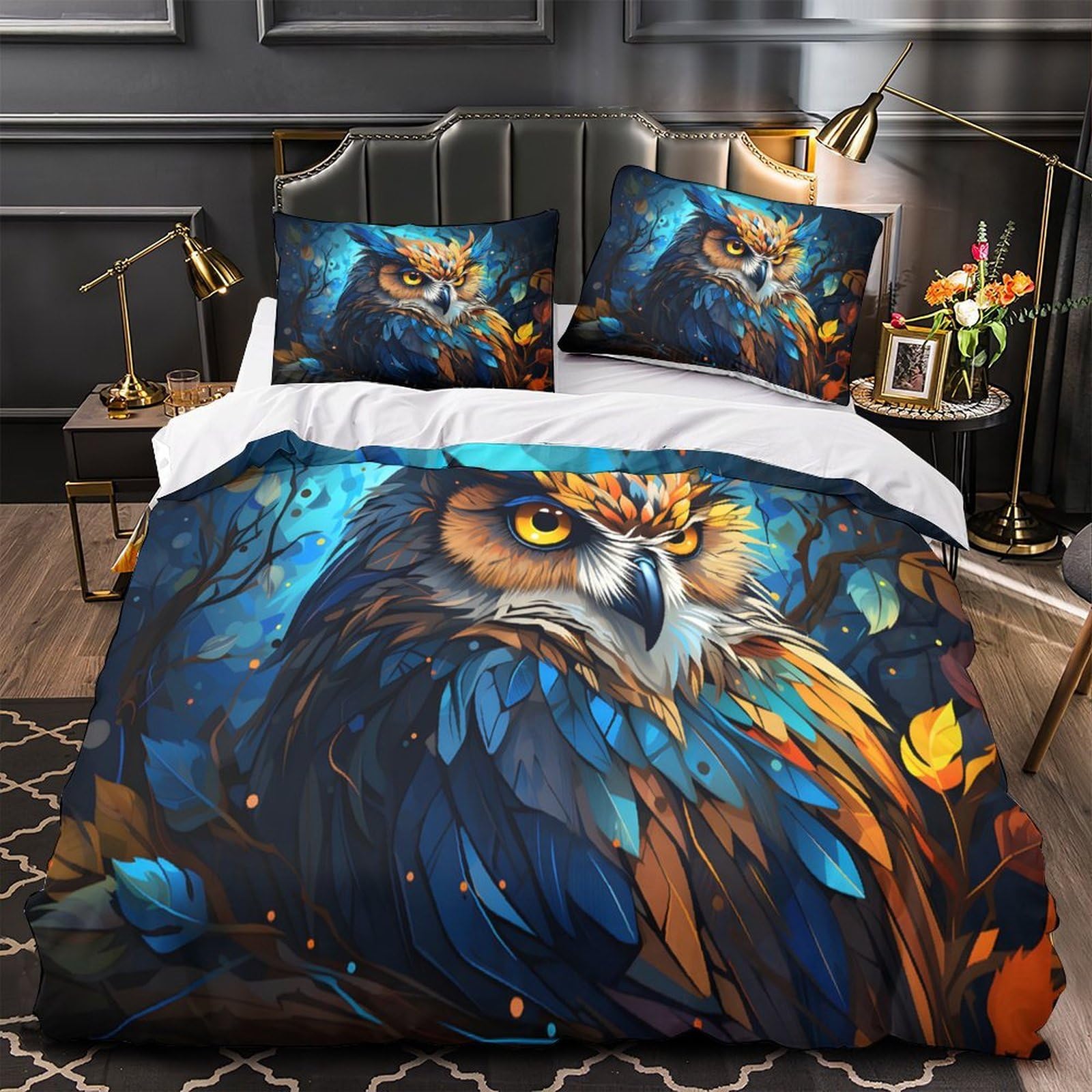 Owl with Glowing Eyes Comforter Cover 3D Design Printed Breathable 3 Pcs Bedding Set Zipper Fantasy Duvet Cover Super Soft Hypoallergenic for Kids Girls Boys Adults Women Teens Super king（260x220cm）