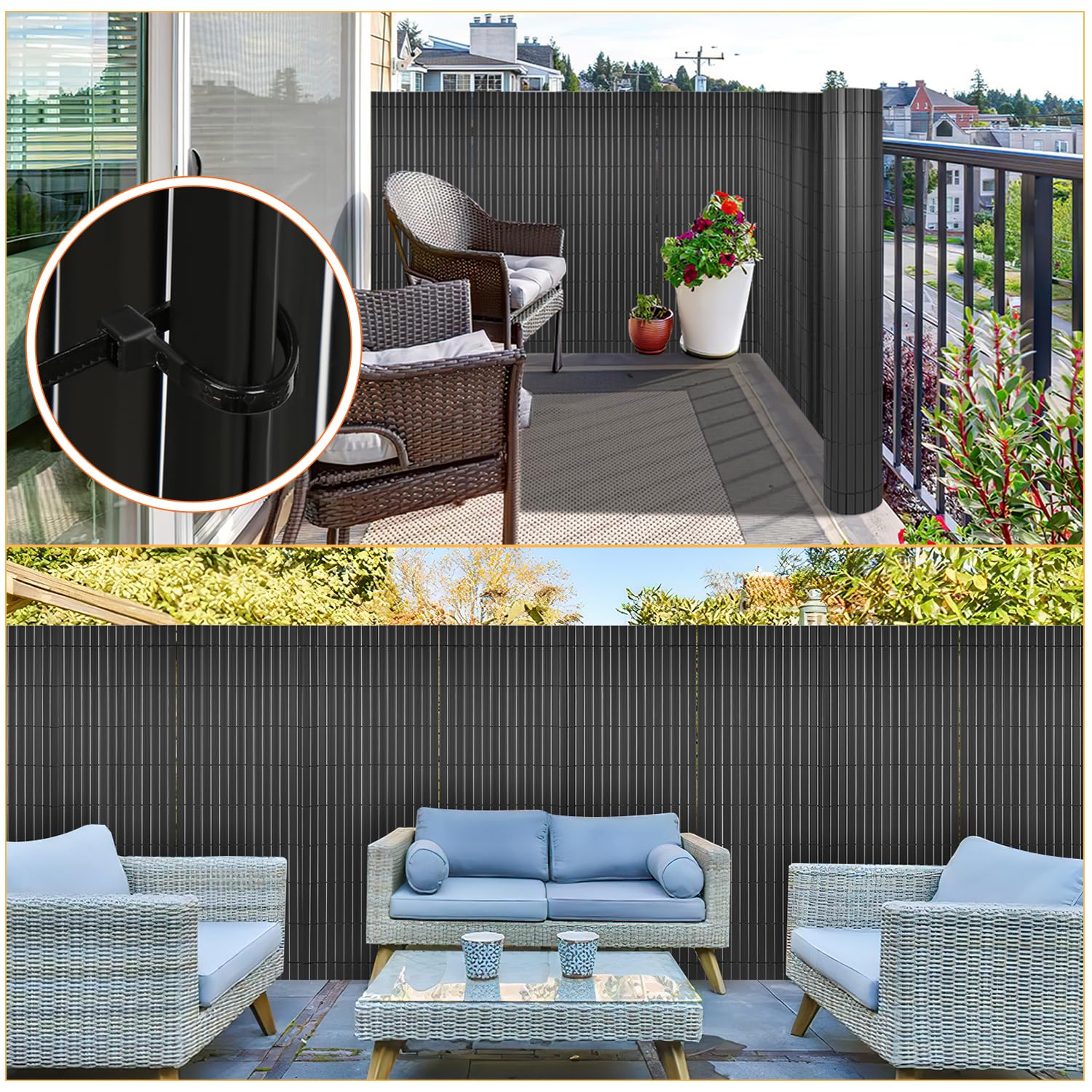 PVC Sichtschutzmatte, 100x600cm Sichtschutz Balkon,Sichtschutz Zaun mit W-Rippenverstärkungen und Kabelbindern,Windschutz Sichtschutz UV-beständig Wetterfest,für Zaun Garten,Anthrazit