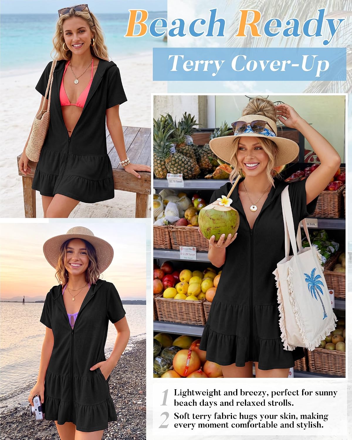 Xaatren Terry Cloth Swim Cover up for Women Towel Beach Swimsuit Hooded Zipper Short Sleeve Ruffle Hem Swim Robe Summer