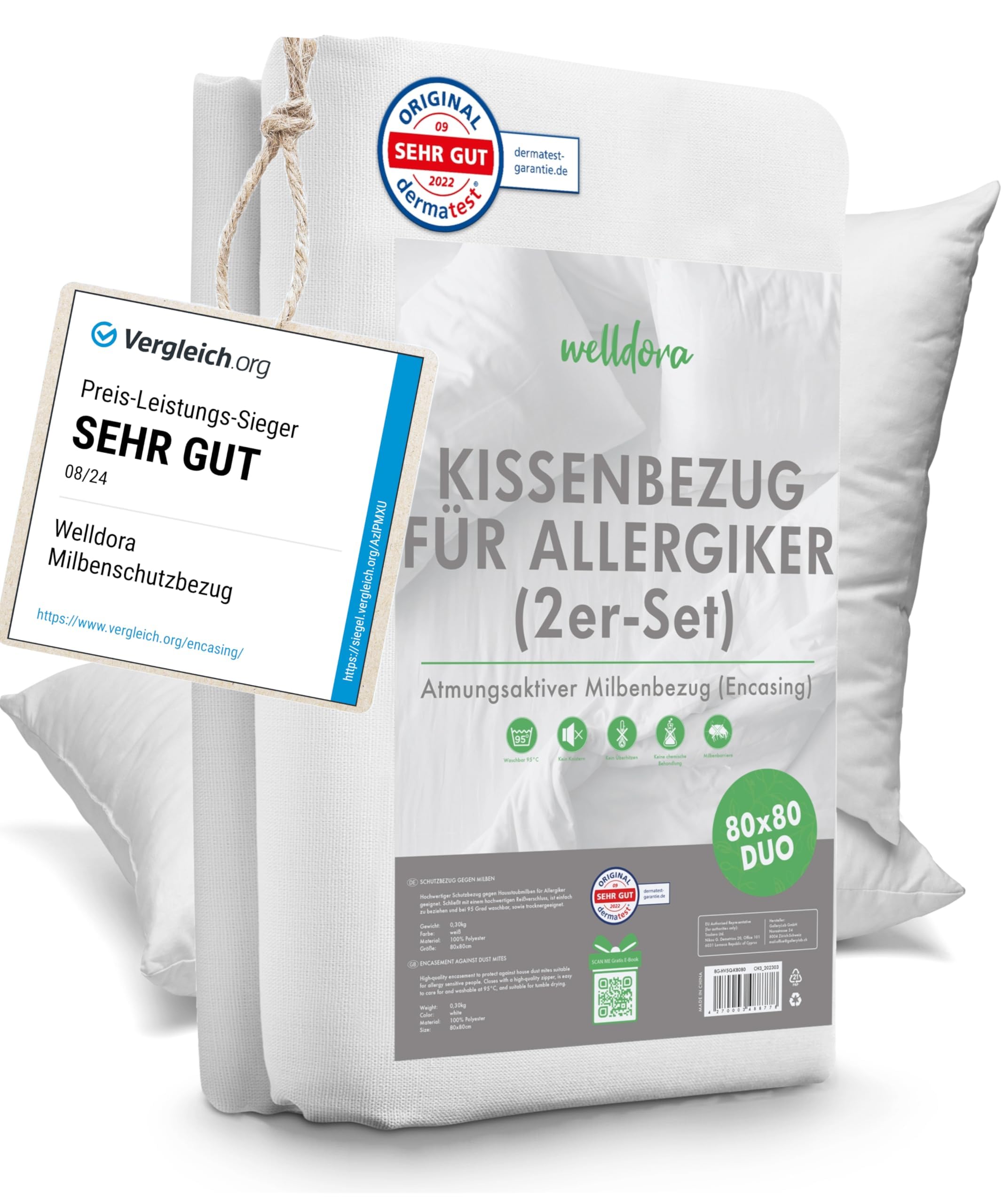 Welldora ǀ 2er-Set Milbenbezug Kissen 80x80 ǀ Allergiker Kissenbezug fachärztlich getestet ǀ Premium Encasing 80x80 cm gegen Milben & Bettwanzen ǀ Allergiker Bettwäsche