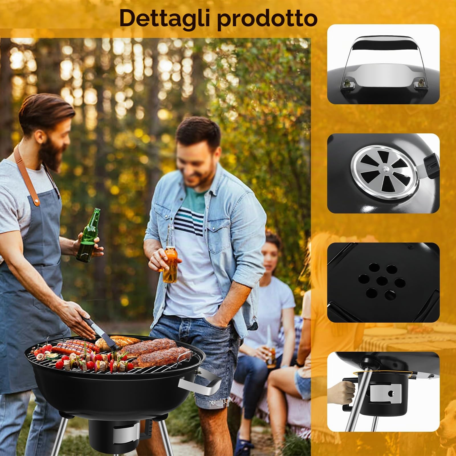 Barbecue a Carbone con coperchio e ruote Griglia BBQ carbonella per balcone da campeggio [L] | Diametro della griglia: 54 cm, carrello per barbecue a carbonella con ruote, adatto per il campeggio