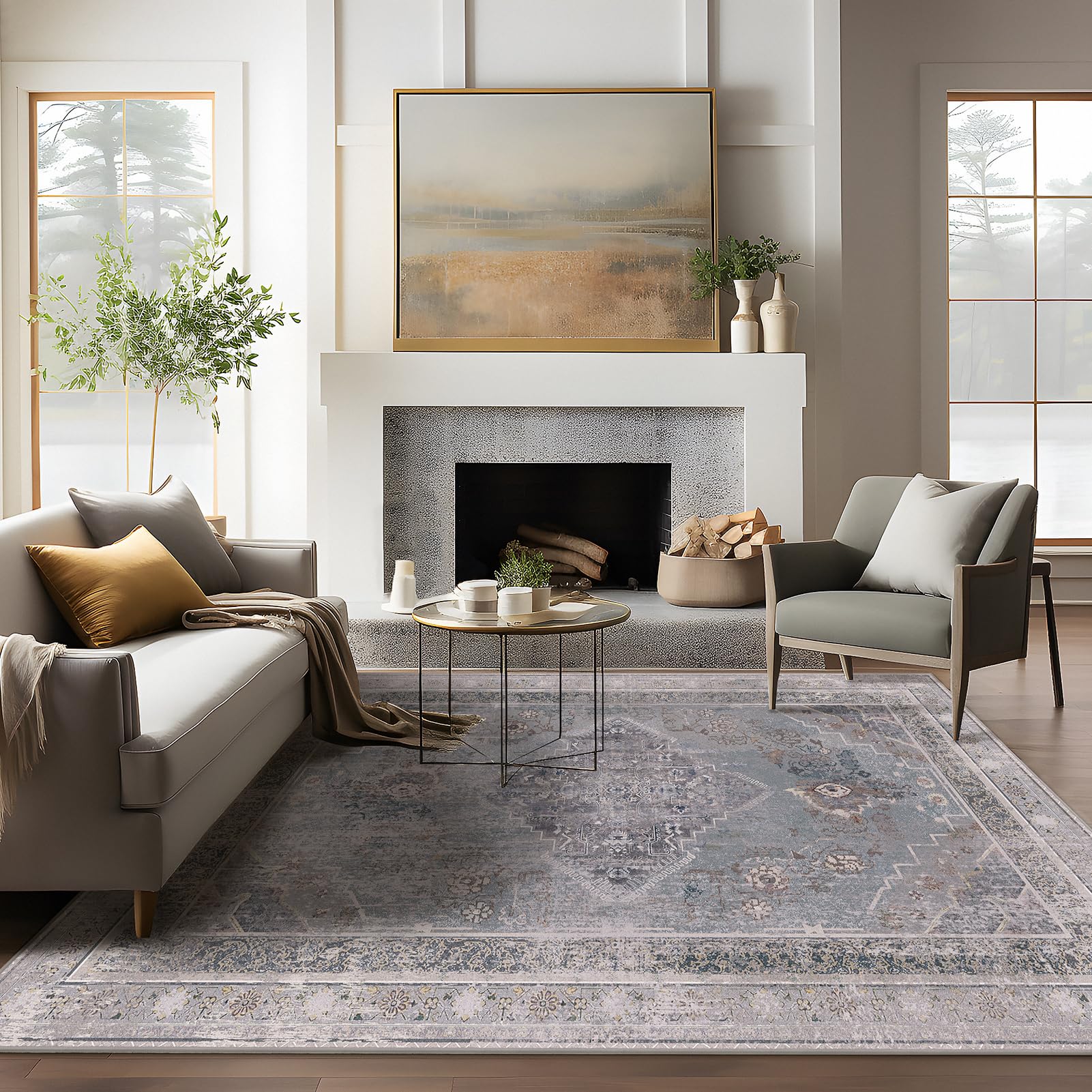 Phantoscope Vintage Collection Area Rug 8'x10' - Large Living Room Rug - Washable Rug Boho Rugs Non-Slip for Bedroom Dining Room, Low-Pile Floor Carpet Distressed Accent Rug, Grey/Soft Lavender