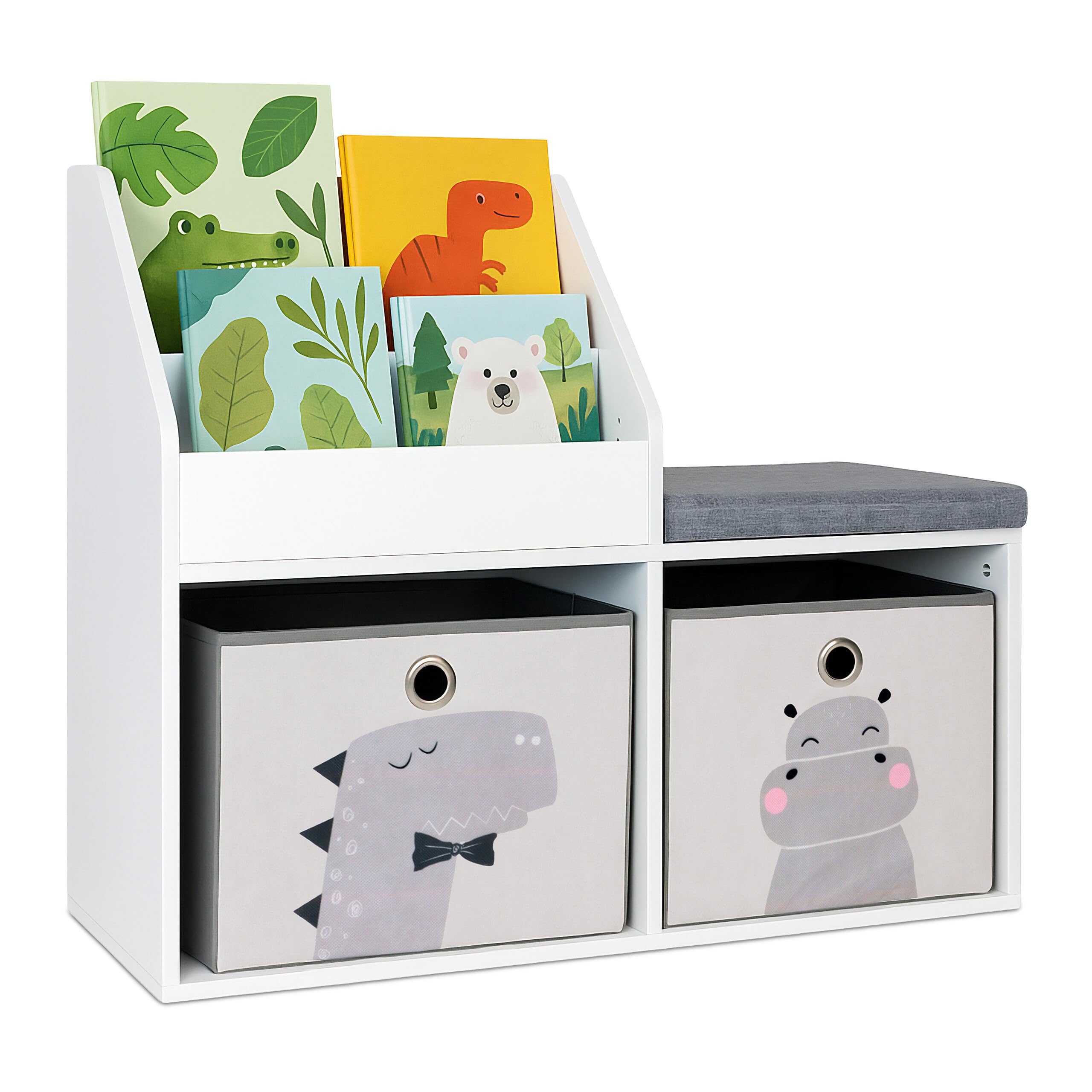 Panca per Bambini Relaxdays con Spazio per riporre, HLP: 72 x 79 x 31 cm, 2 scatole Pieghevoli, libreria, Bianco/Grigio
