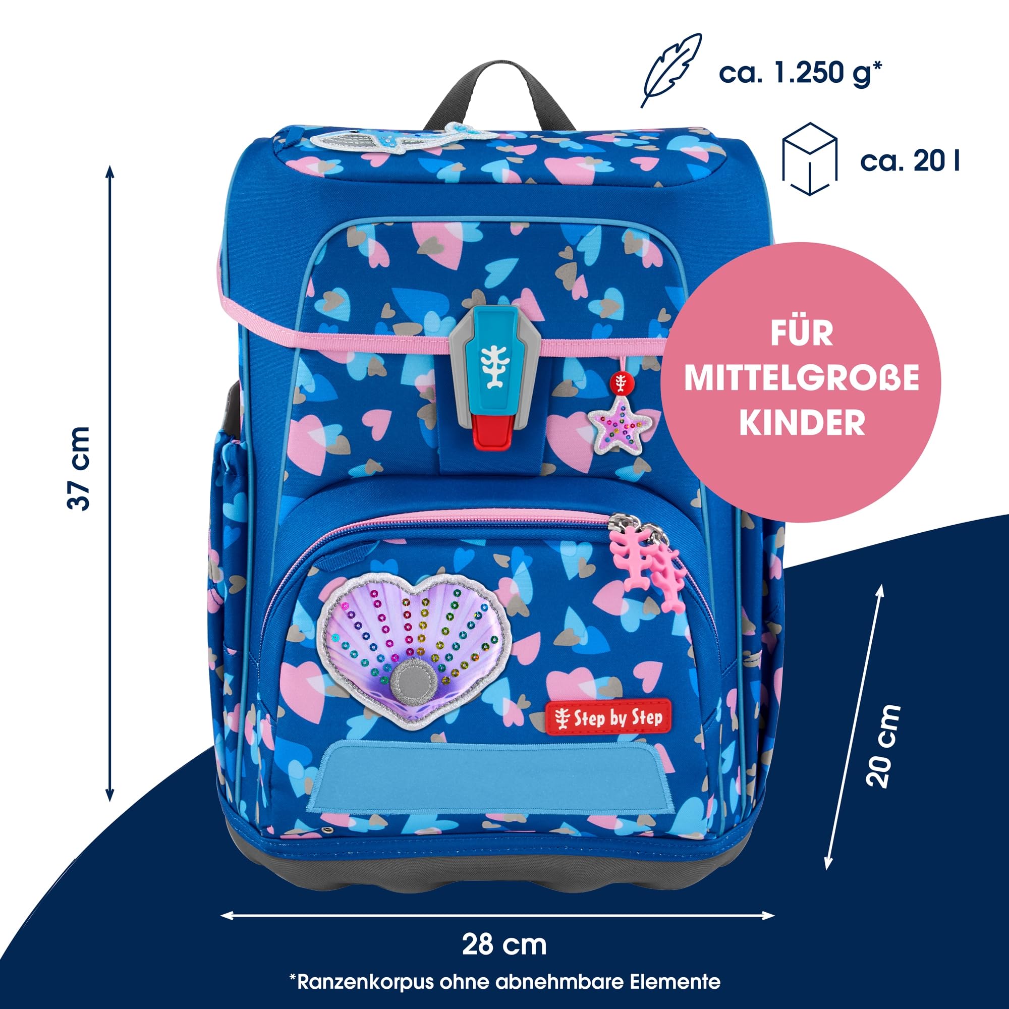 Step by Step Schulranzen-Set CLOUD REFLECT „Seashell Pearl“ 5-teilig, blau-rosa, Panther-Design, ergonomischer Tornister mit Reflektoren, höhenverstellbar mit Hüftgurt für Kinder ab der 1. Klasse, 19L