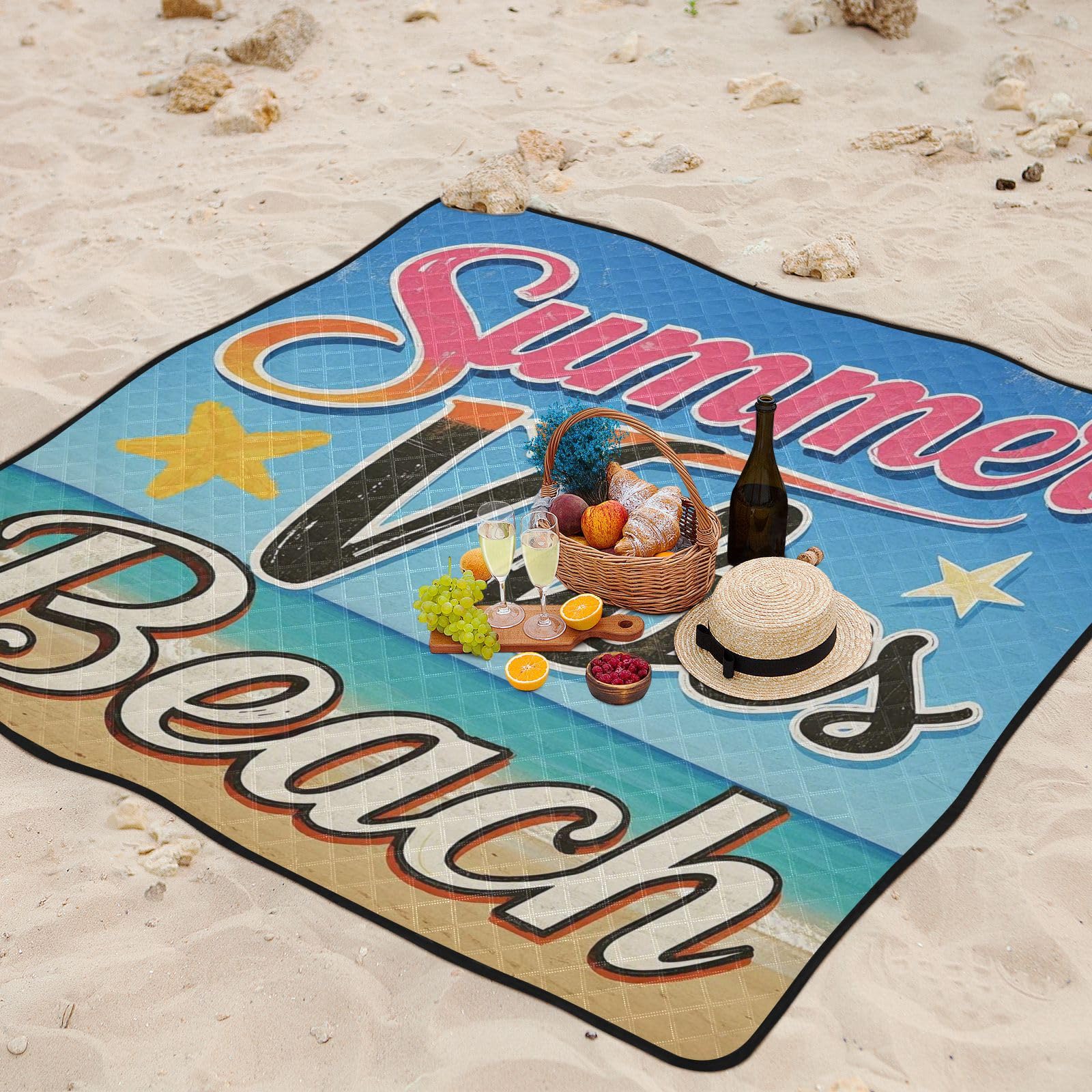 Summer Vibes Beach Vintage Plakat Duży Koc Plażowy CuteLawnGarden Matfor Dorosłych