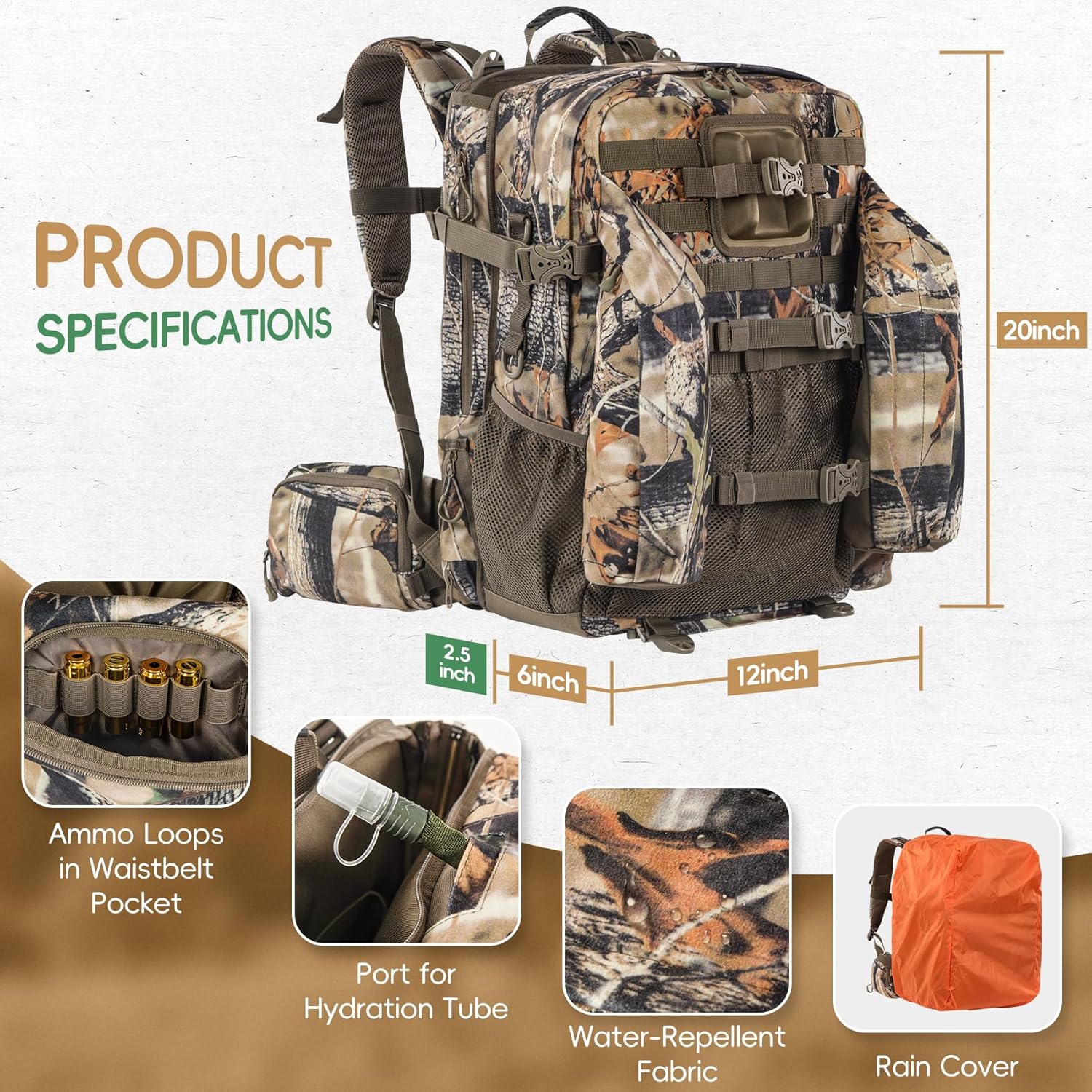 BLISSWILL Upgraded Hunting Backpack,With Padded Weapon Compartment for Bow Rifle，For Deer and Elk Hunting，Hunting bag with Rain Cover(Forest Floor) - Image 5
