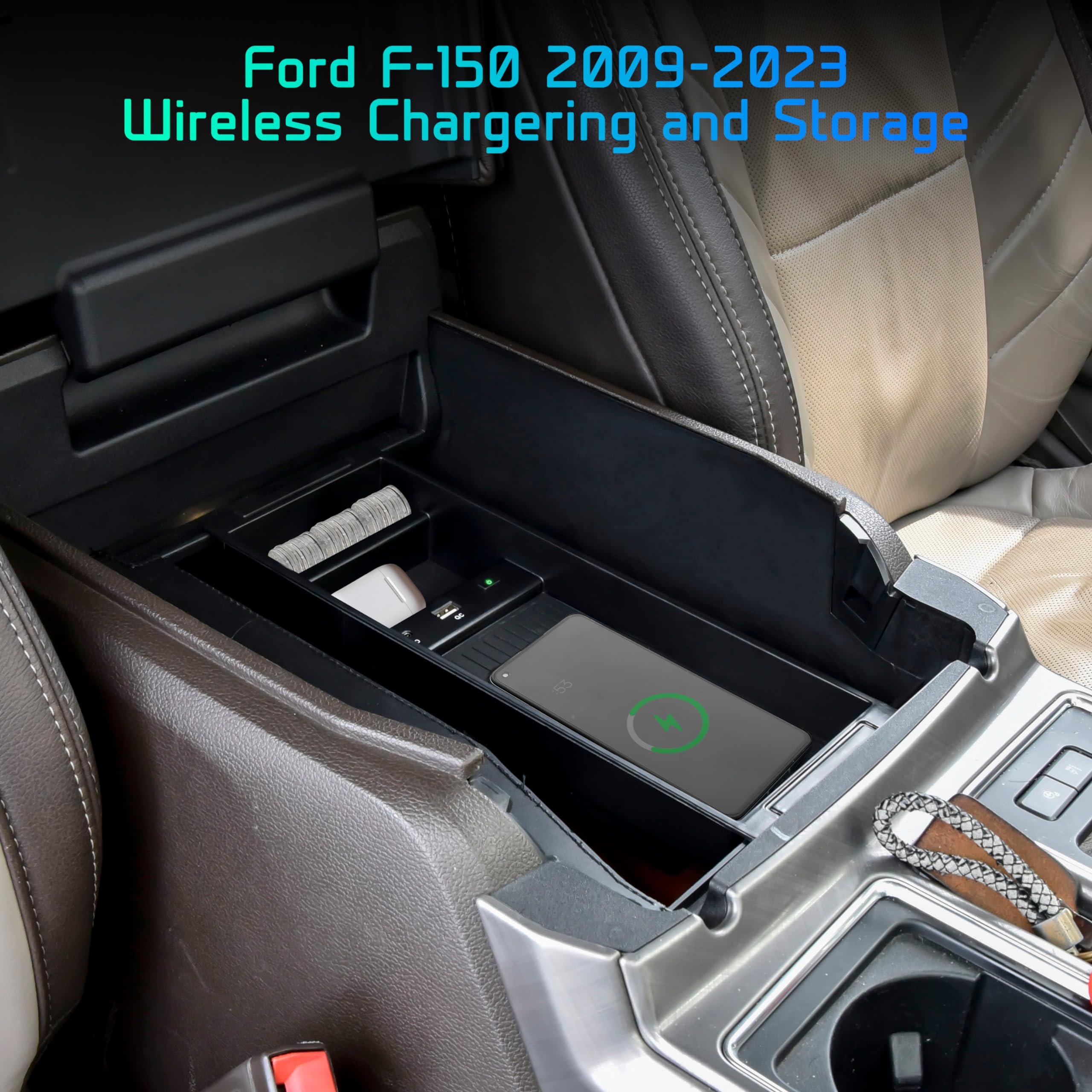 POKIAUTO Wireless Charger for F150 2009-2023, Center Console Organizer Box Fast Wireless Chargering with USB-A USB-C Port for Ford F150 2009-2021 2022 2023 Accessories