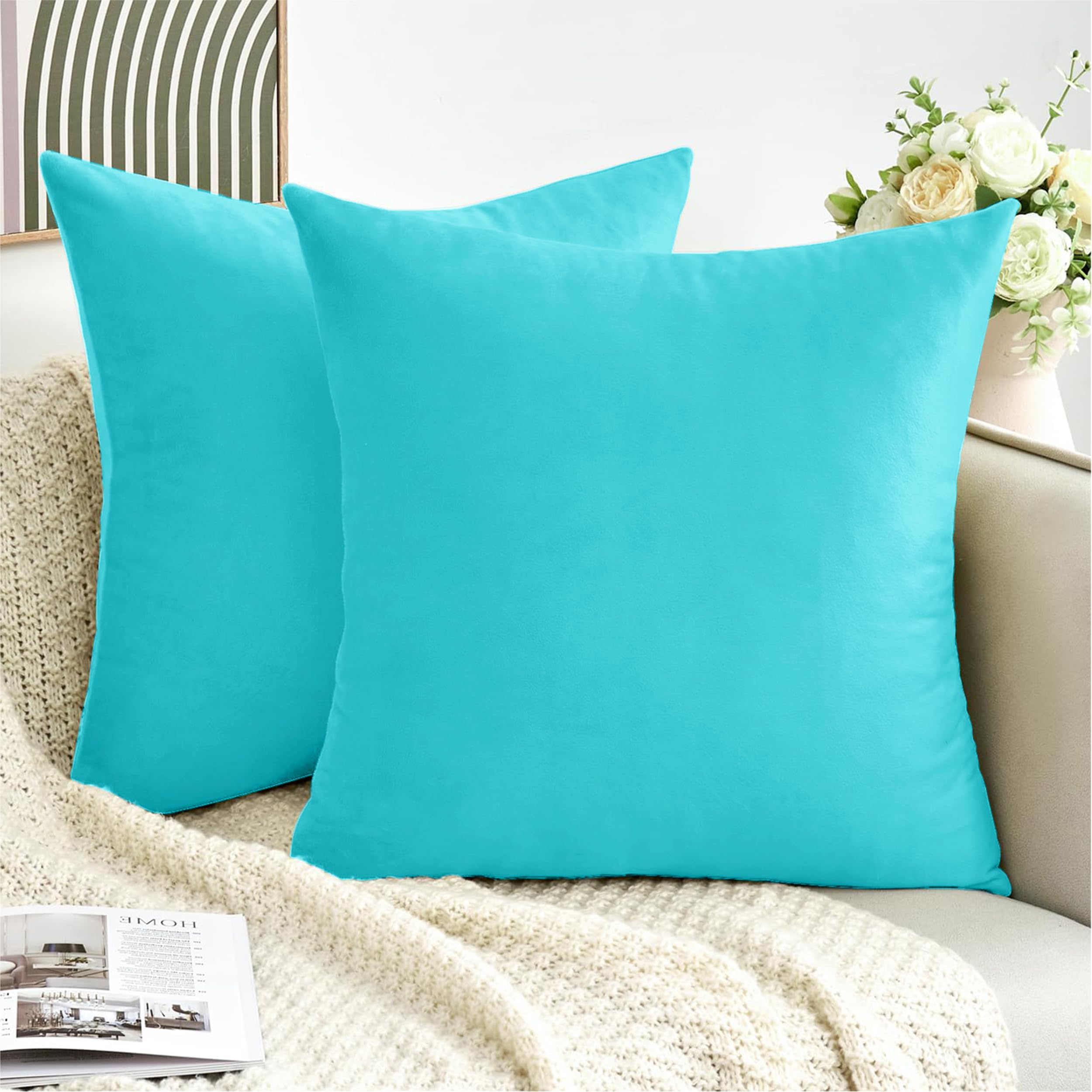 My Home Store Turquoise Velvet Cushion Covers 45 X 45 Cm- Christmas Decorative Square Throw Pillowcases – Cushion Covers Set Of 2 For Sofa Bedroom With Invisible Zipper 18" X 18"