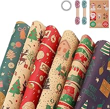 Girldate Christmas Wrapping Paper, Pack of 6, 19.7 x 27.6 inches (50 x 70 cm), Wrapping Paper, Kraft Paper, Thick, Large, Birthday Wrapping Supplies, Present, Packaging Tape, Tag, Rope Included (Set