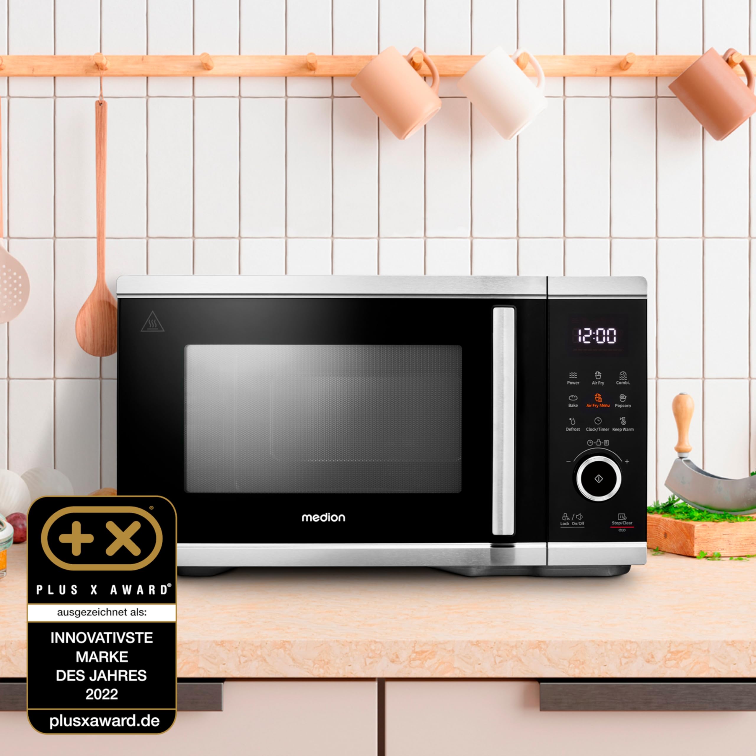 MEDION Mikrowelle mit Heißluftfritteusenfunktion (25 Liter, 1.500 Watt Heißluft, 900 Watt Mikrowelle, 9 Automatikprogramme, Popcorn-Taste, Auftaufunktion, LED Display, MD11499)