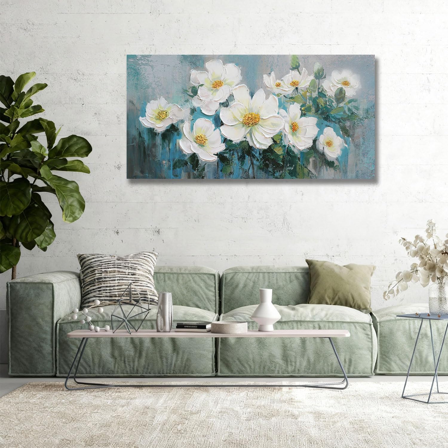 ardemy white floral canvas wall art large teal textured pictures wall decor turquoise paintings artwork for living room bedroom home office, 40"x20" 40"l x 20"w white flower painting