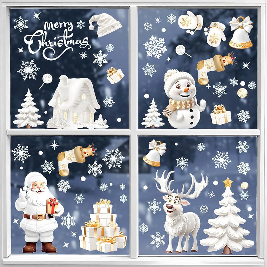 Adesivi Natalizi per Finestre, 190 Pezzi Decorazioni Natalizie, Vetrofanie con Babbo Natale, Pupazzo di Neve, Renna e Fiocchi di Neve