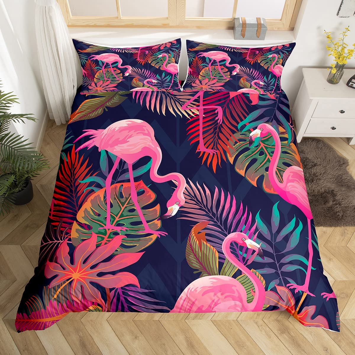 Couple Flamingo Brown Leaf Bird Duvet Cover Set Single Bird Colorful Bedding Set Ultra Soft Microfiber Double Animals Theme Reversible Bedding Exotic Style Decor Comforter Cover 2pcs Bedding Set