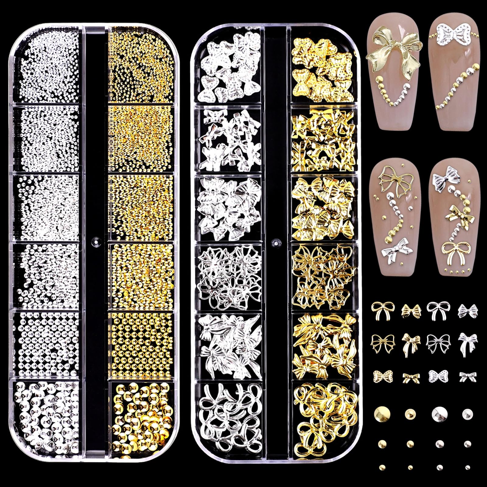 Gold Nail Charms, Silver Nail Gems & Bow Nail Charms, 3D Nail Charms, Metal Nail Gems for Nail Art
