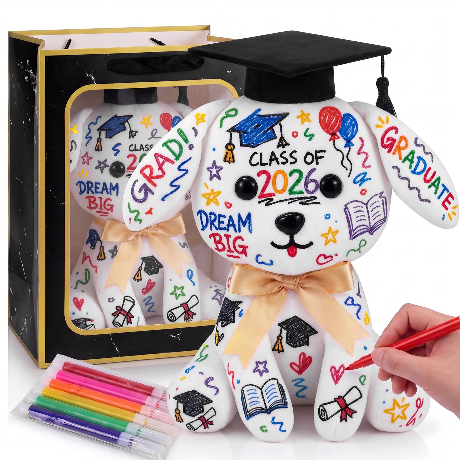 Photo 1 of ***MISSING PENS*** Teyva Daily Graduation Autograph Stuffed Animal Set 2026 Graduation Dog to Sign DIY Graffiti Signature Animal Memory Keepsake with 6 Marker Pens, Cap, Black Gold Gift Bag for Classmate Student Gift